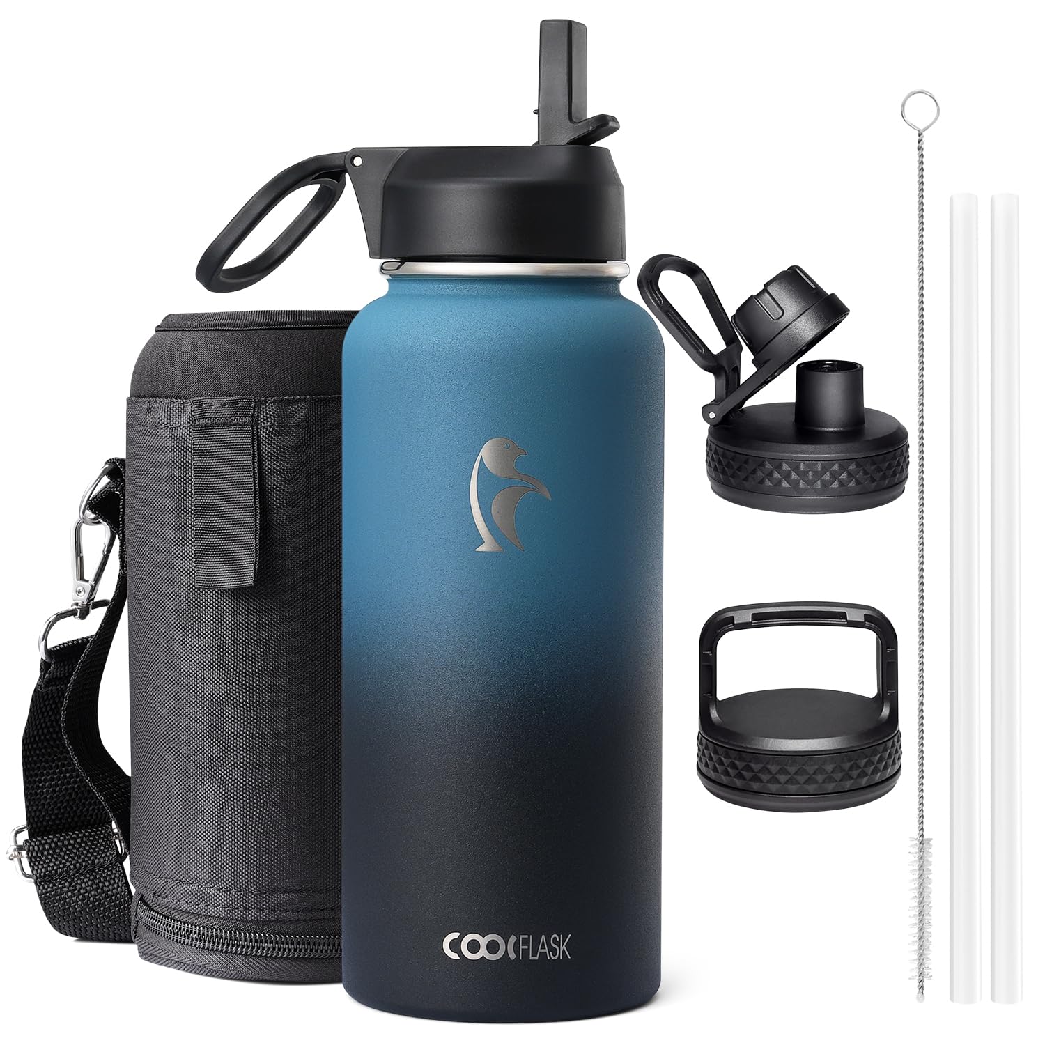 CoolflaskInsulated Water Bottle 1L, Stainless Steel Insulated Water Bottle with Straw & 3 Lids, Double Vacuum Leak Proof Cold and Hot Water Bottle, Sturdiness and Easy to Clean, Indigo Black