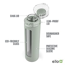 Ello Syndicate 20oz Reusable Glass Water Bottle with One-Touch Leak Proof Flip Lid, Protective Non-Slip Silicone Sleeve, Carry Loop for Coffee, Tea and Water, BPA-free, Dishwasher Safe, Sage