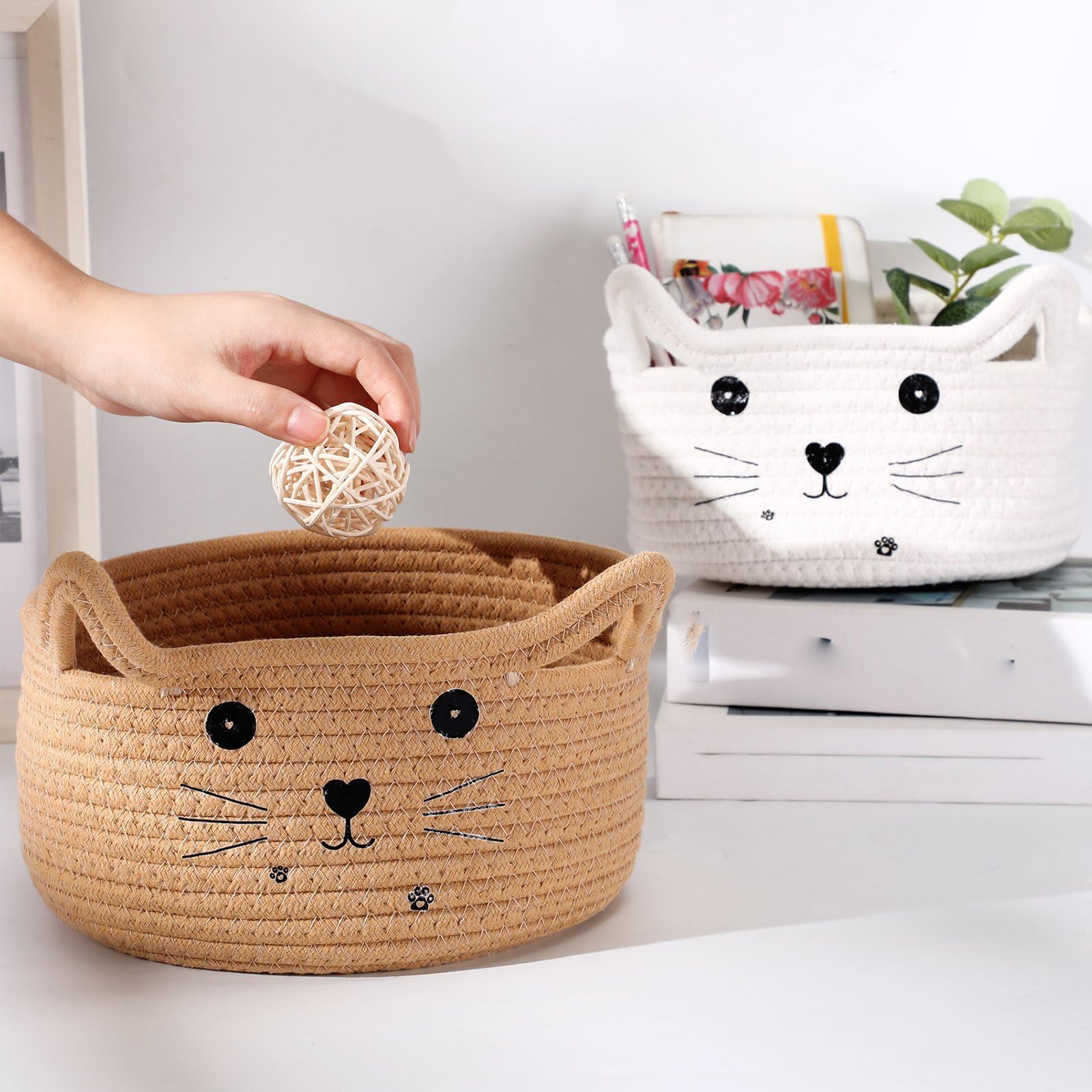 Zopeal - Panier de rangement tissé décoratif en forme de chat avec oreilles - Panier mignon en corde de coton pour animaux de compagnie, cadeau, jouets, chambre d'enfant - 21 x 12 cm - Kaki