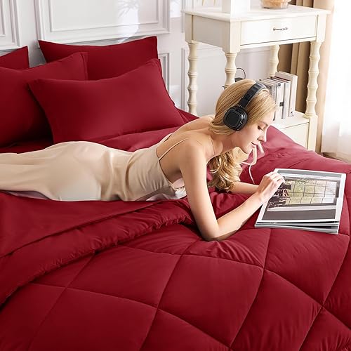 Miniatura 287 de CozyLux Juego de edredón de tamaño Queen, rojo burdeos, toda la ropa de cama en una sola bolsa, 7 piezas: edredón, fundas de almohada y de almohada