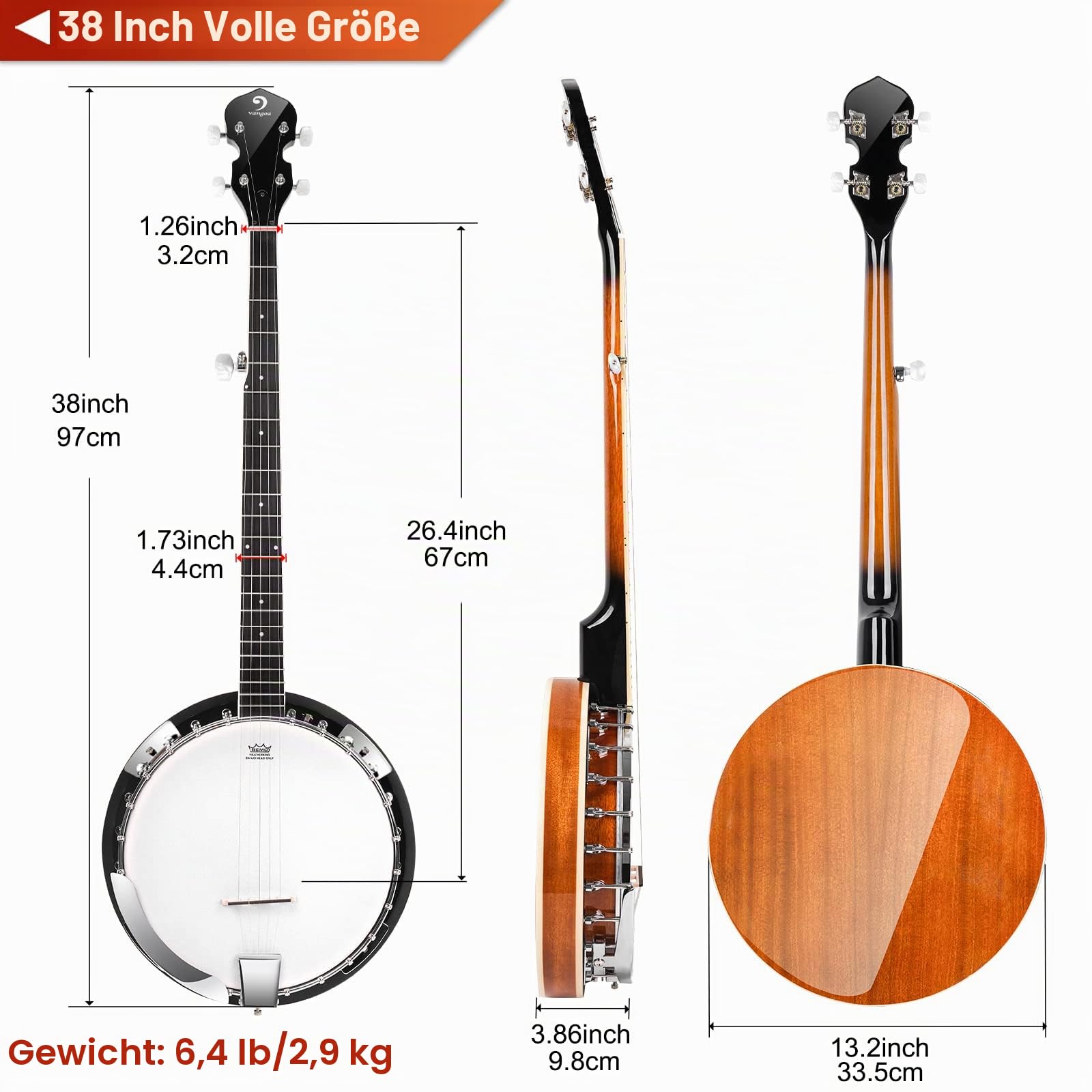 Vangoa 5 Saiten Banjo Remo Kopf geschlossen Solid Back Banjos mit Anfänger Kit, Stimmgerät, Strap, Pick-up, Saiten, Picks und Tasche