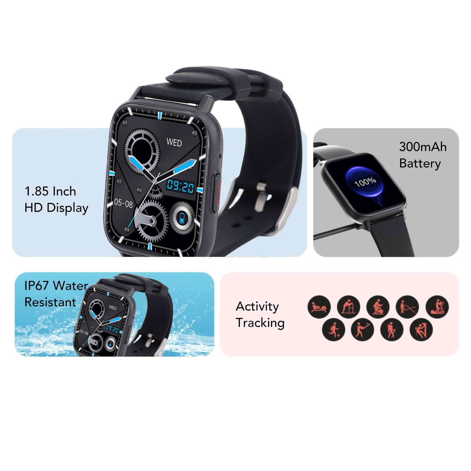 Smartwatch per Uomo e Donna con Funzione Telefono, Touchscreen 1,85", IP67, Orologio Fitness con Oltre 100 modalità Sportive, Fitness Tracker, Orologio Sportivo, Suppor (Nera)