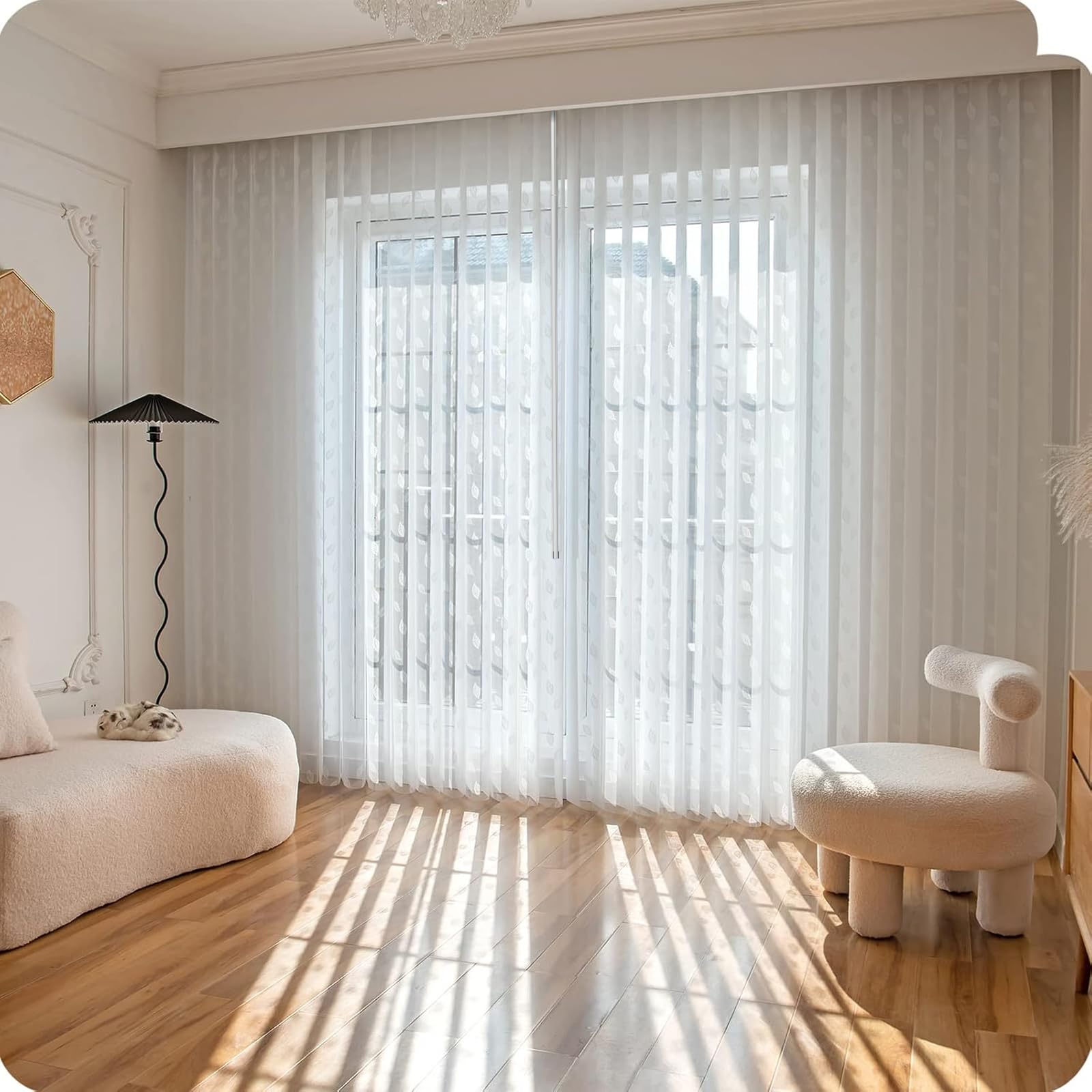 Graywind Manual Sheer Vertical Blinds Custom Size Adjust Light Fabric Sheer Free Wand Control Privacy Light Filtering Track Slats Set for Patio Sliding Glass Door Large Window (Leaf White)