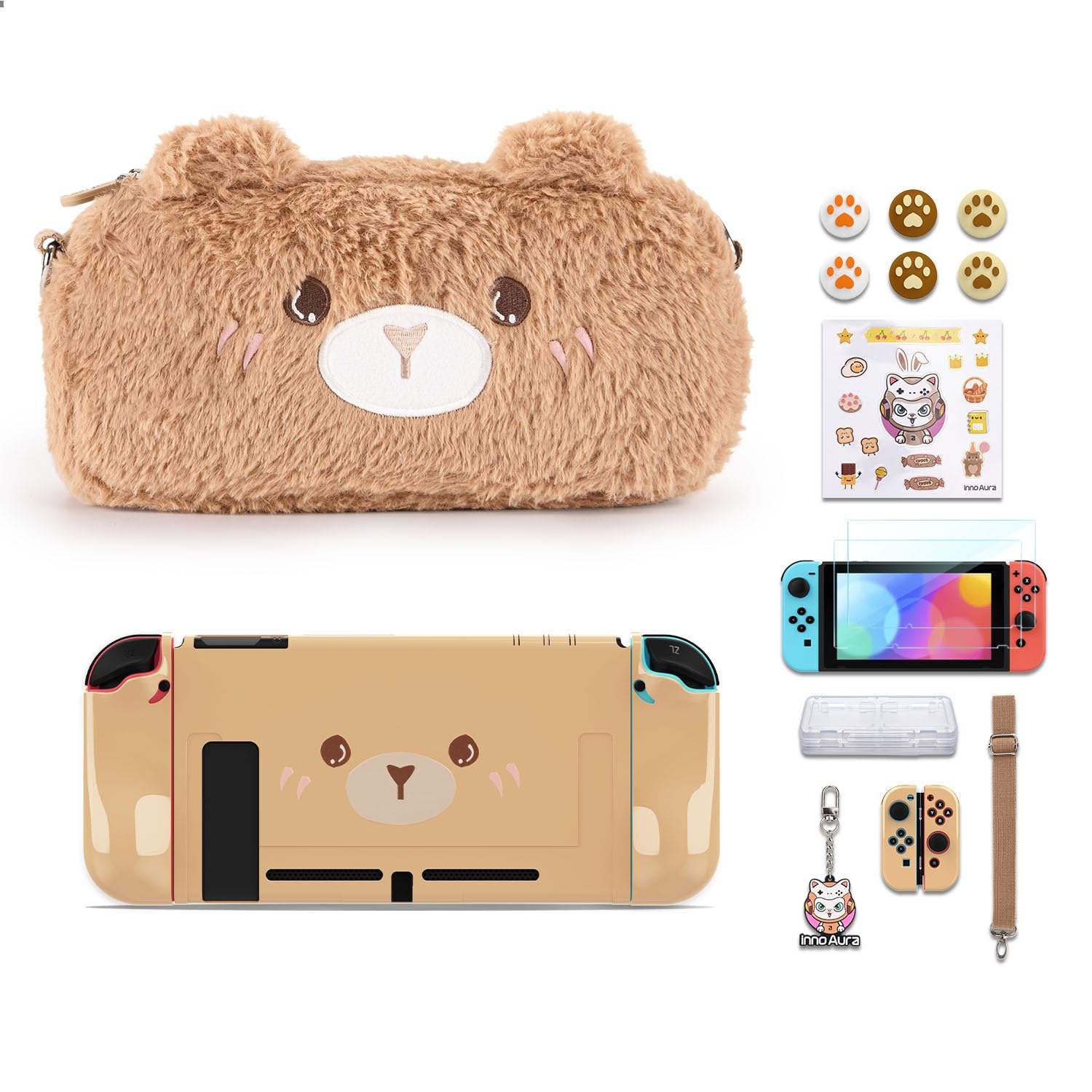Étui innoAura pour Switch, Ensemble d'accessoires 16-en-1 avec Housse de Transport, Protecteur d'écran et Capuchons pour Pouces (Ours Brun)