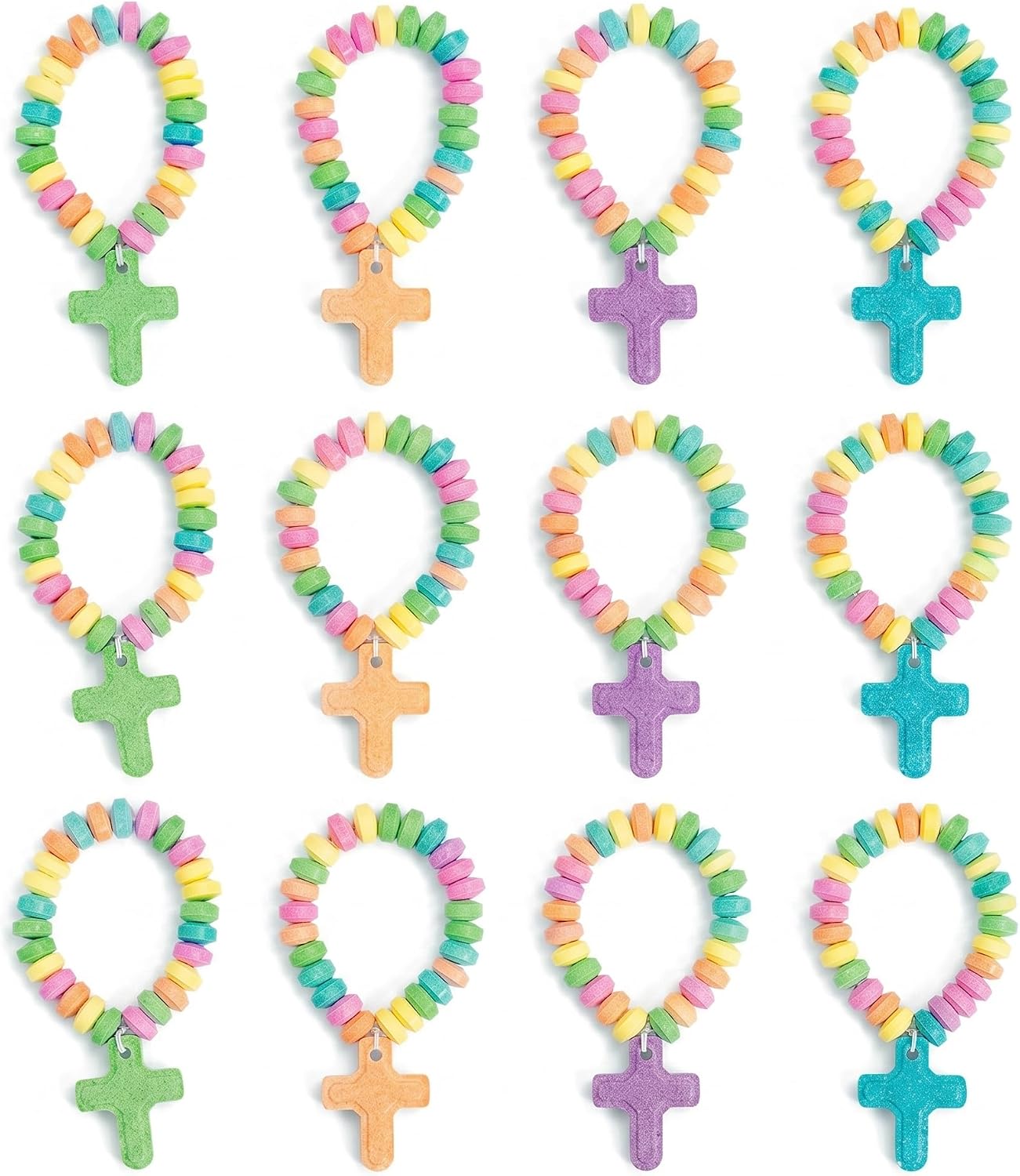 Fun Express Candy Cross Bracelets Individually Wrapped 12 Pack - Religious Scripture Candy Jewelry for Kids Church VBS Sunday School Easter Party Favors | Stretchable Fruit-Flavored Goodie Bag