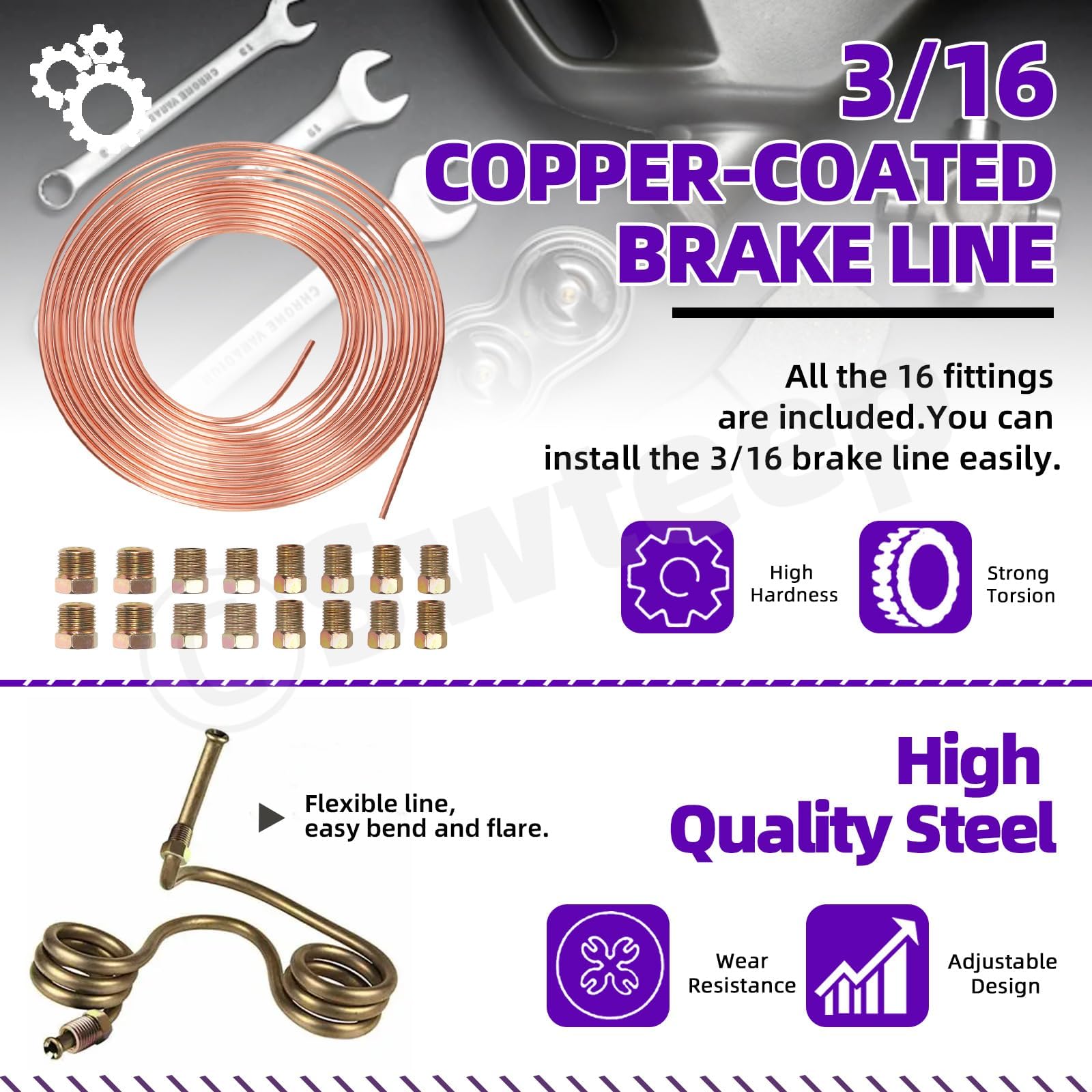 Swpeet 30Pcs in Set Copper Coated Brake Line Kit, Brake Line with Flaring Tool Kit, Includes 16 Fittings and 4 Unions, Flaring Tool Set for Single and Double Flares with 5 Adapters and Tube Cutter