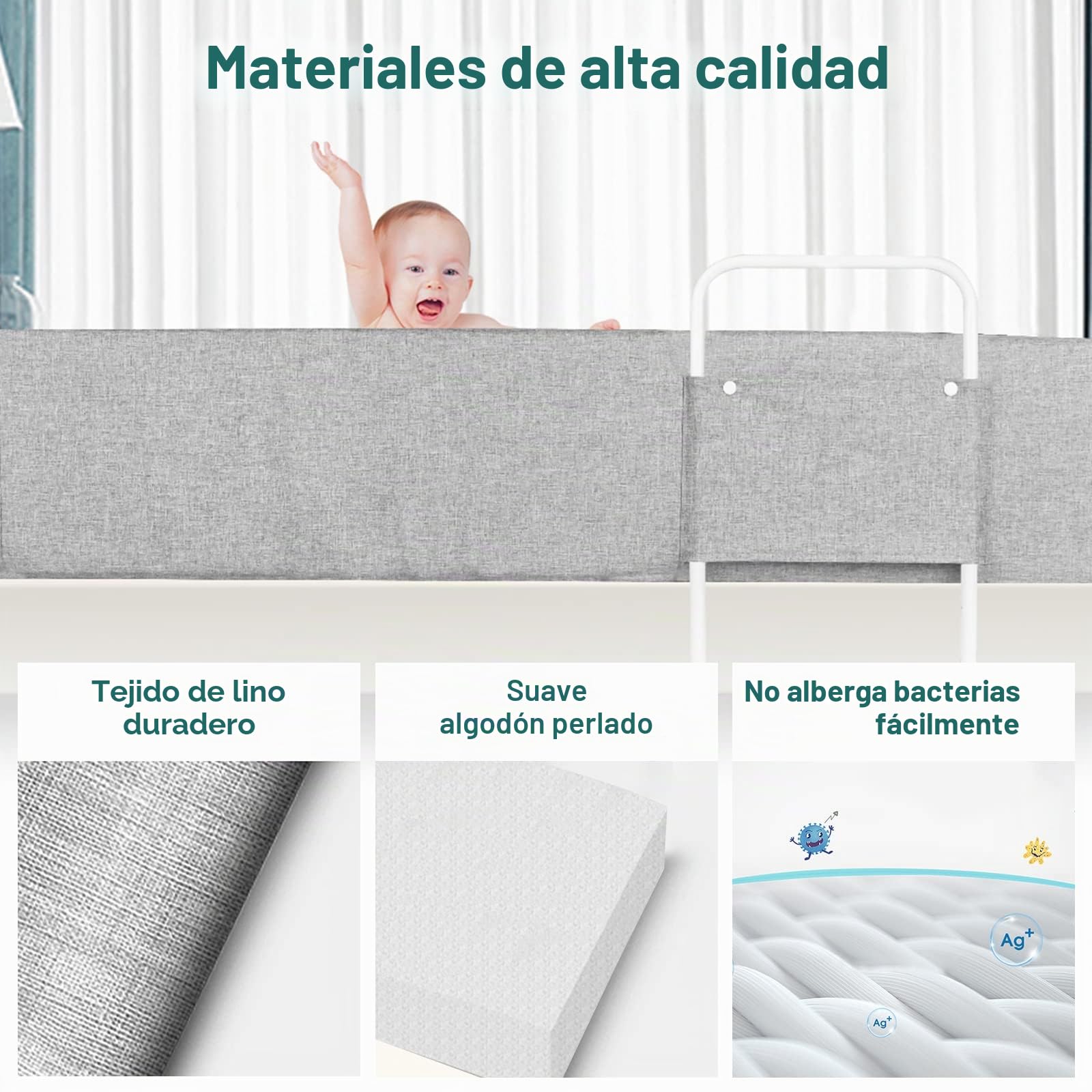 ACXIN Barrera de cama para bebé, deformable, protección anticaídas, altura ajustable, para cama familiar y cuna (180 cm, color gris lino)