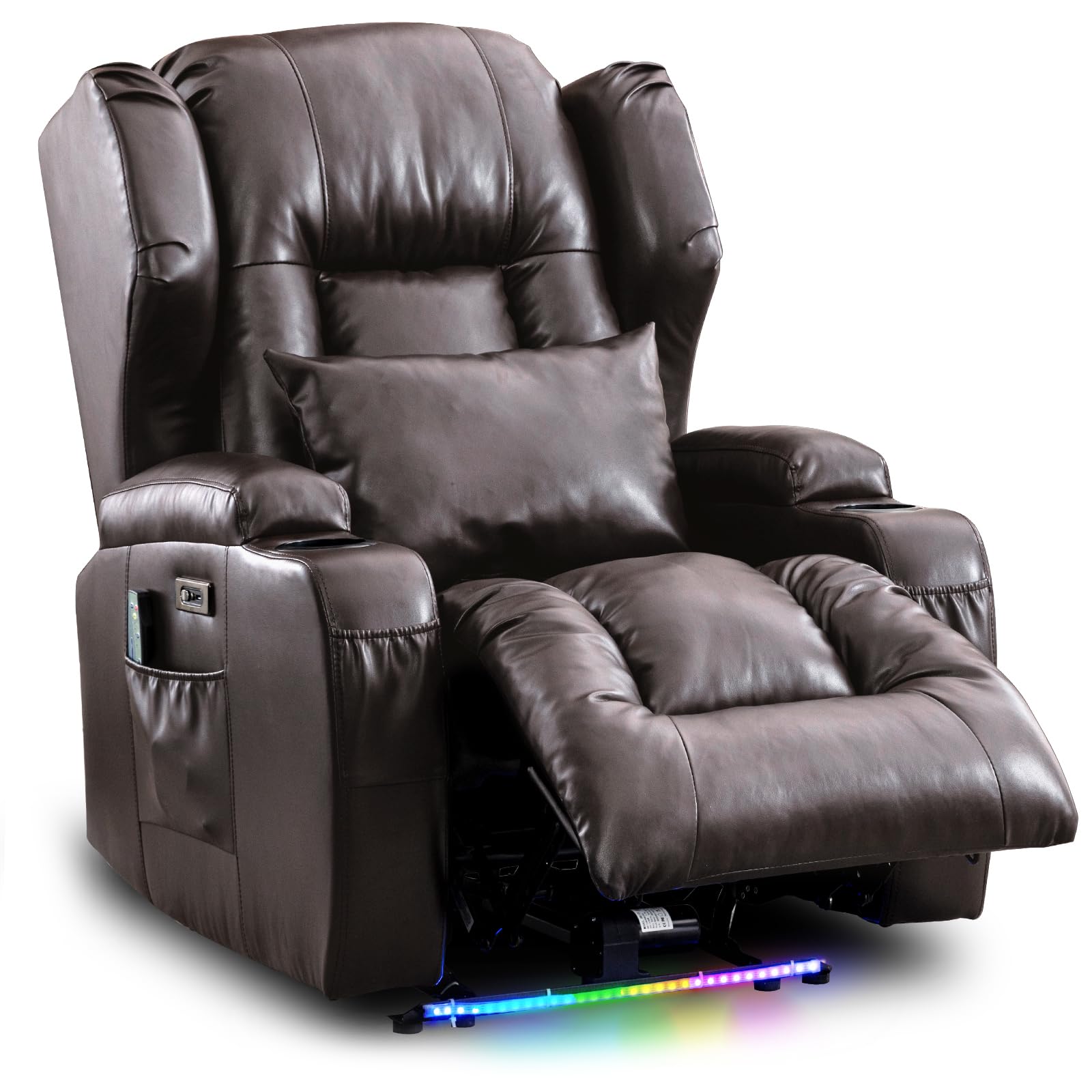 IPKIG Power Recliner Chair for Adult with Massage and Heat - Home Theater Seating Seats Power Movie Gaming Sofa with LED Lights, Cup Holders and Lumbar Pillow for Living Room, Faux Leather, Brown