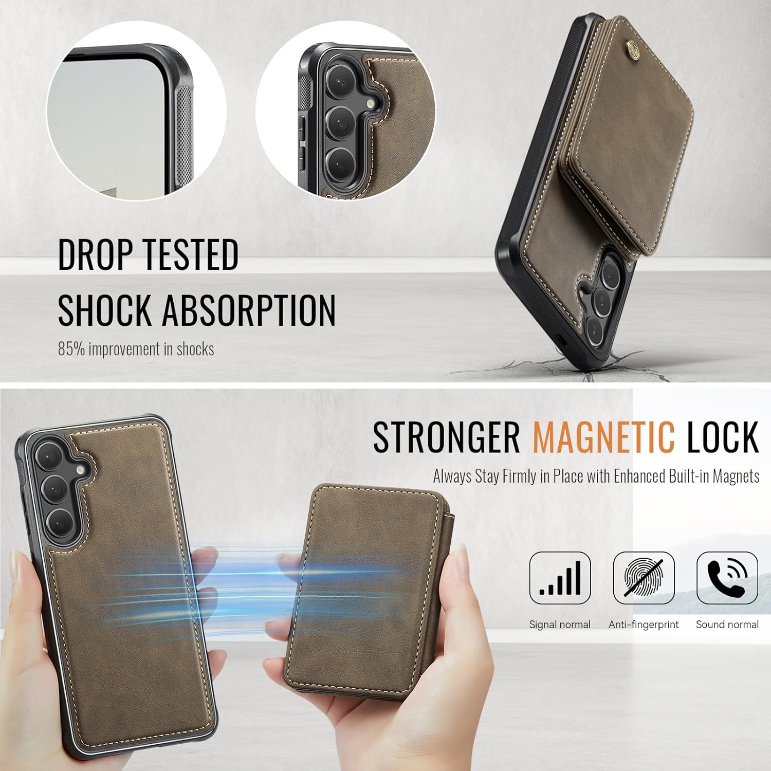 Compatible with Magsafe for Samsung Galaxy S25 Wallet Case Magnetic Card Holder, RFID Blocking 2 in 1 Detachable Kickstand Shockproof Case for Women Men, Brown