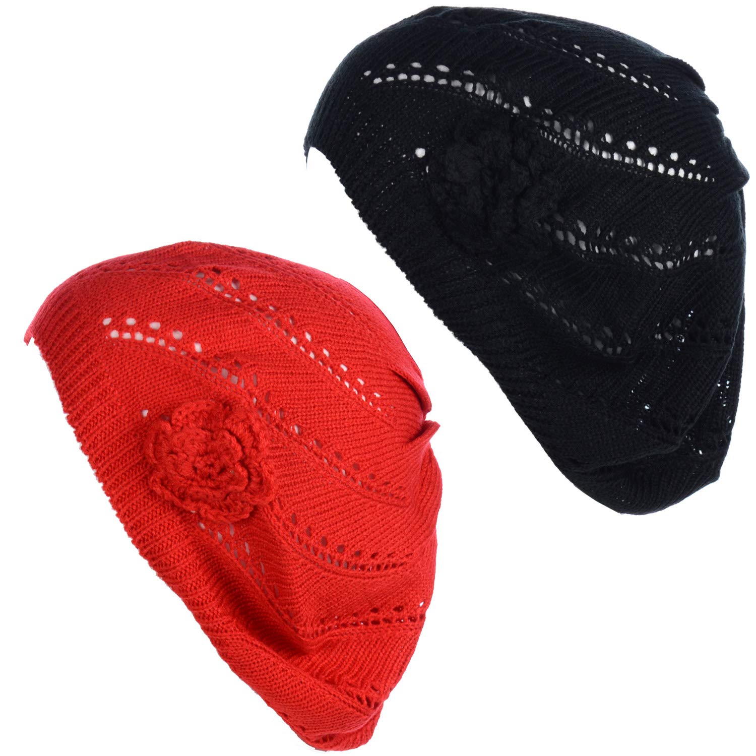BYOS Chic Parisian Style Soft Lightweight Crochet Cutout Knit Beret Beanie Hat