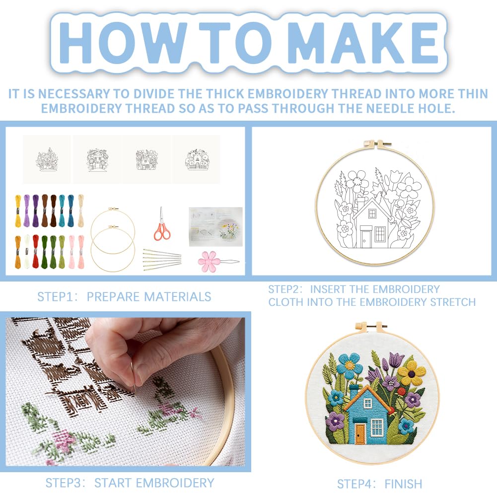 FREEBLOSS Stickset Für Erwachsene Anfänger Blumenhaus Motiv Vorgestanzte Stickvorlagen Stickstarter Set Mit Anleitung Kreuzstich Sets Für Frauen DIY Bastelgeschenk 4 Zoll