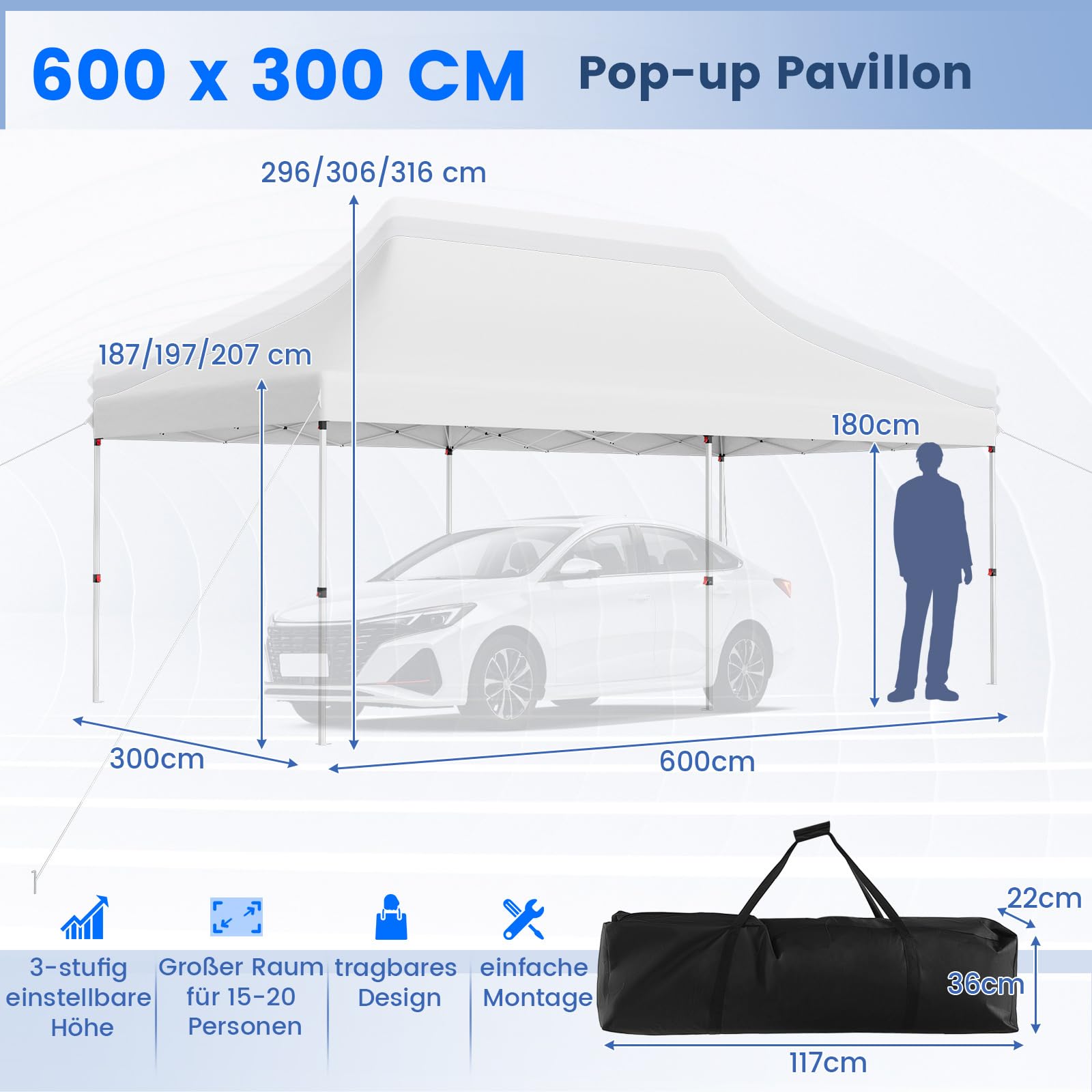 COSTWAY Pawilon składany typu pop-up, 3 x 6 m, z regulacją wysokości, z torbą do przenoszenia, wodoszczelny, stabilny, odporny na warunki zimowe, ochrona przed promieniowaniem UV 50+, namiot imprezowy