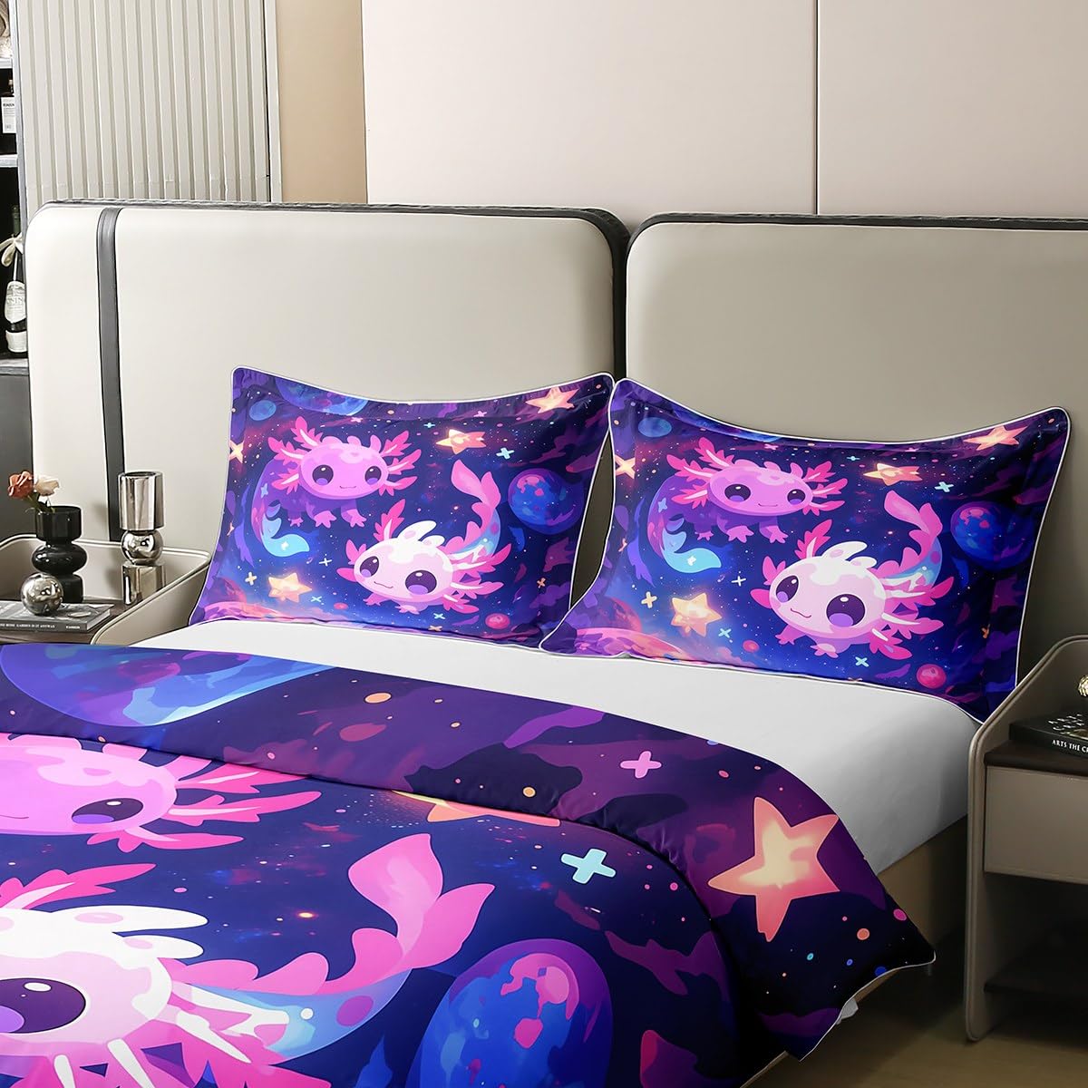Homewish Dziewczęca poszewka na kołdrę Axolotl podwójna fioletowa galaktyka planeta bawełna zestaw pościeli kreskówka marzycielskie gwiaździste niebo poszewka na kołdrę dorośli urocze kosmiczne