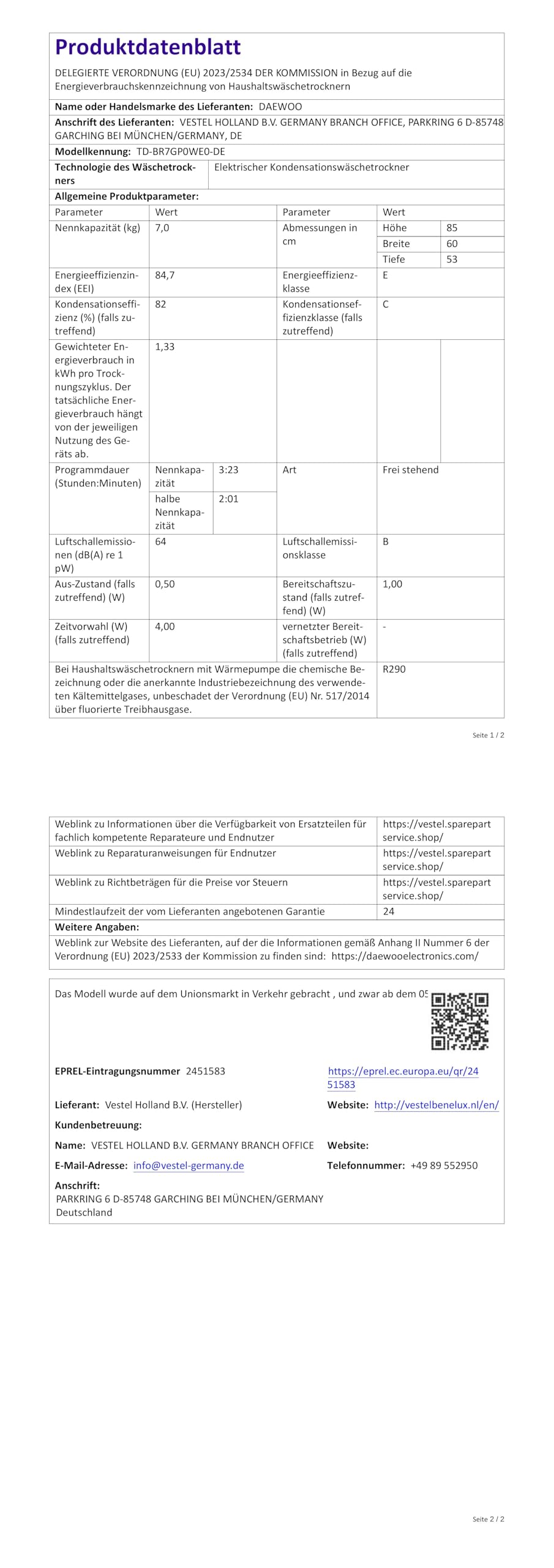 Daewoo TD-BR7GP0WE0-DE Wäschetrockner, 7kg, E, 15 Trockenprogramme inkl. 20-Minuten-Schnelltrockenprogramm, Weiß