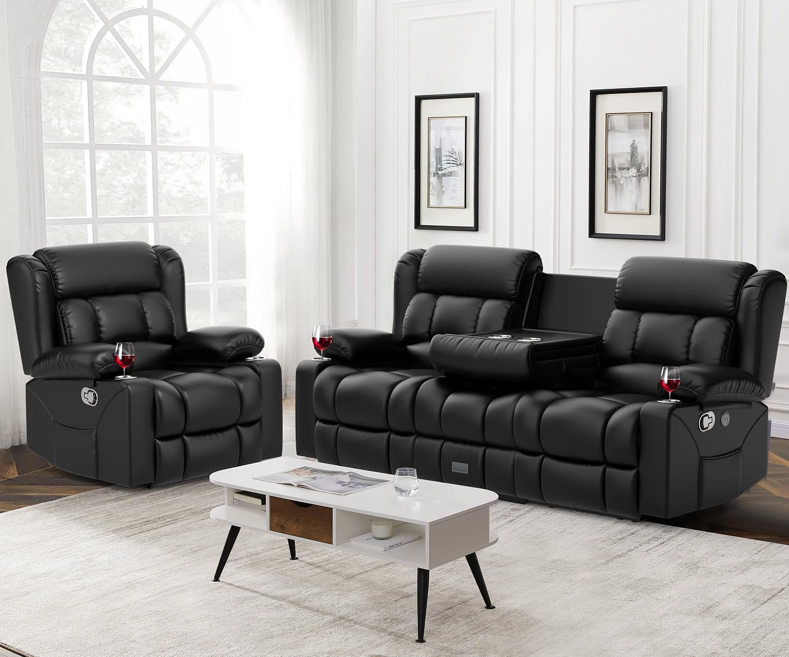 Dresegmt Loveseat Recliner Sofa Set, Flip Middle Backrest Design PU Leather 3 Seater Reclining Sofa and Single Oversized Recliner Chair, Manual Couches for Living Room (Black, PU 3+1)