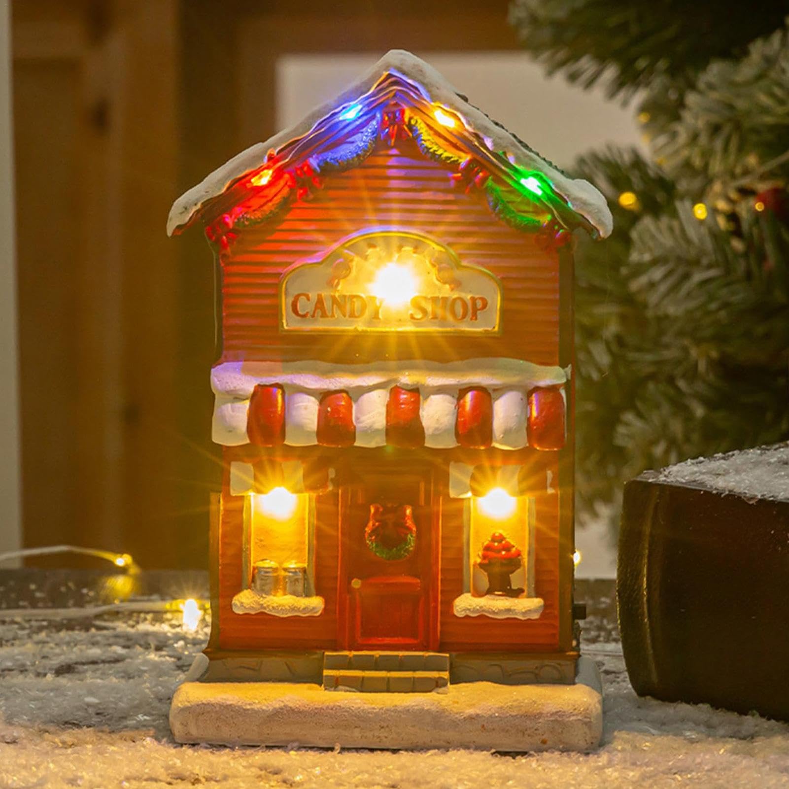 Maisons De Village De Noël Lumineuses En Résine - Décorations De Table Avec Lumière LED - Alimentation Piles - Environ 15x12 Cm