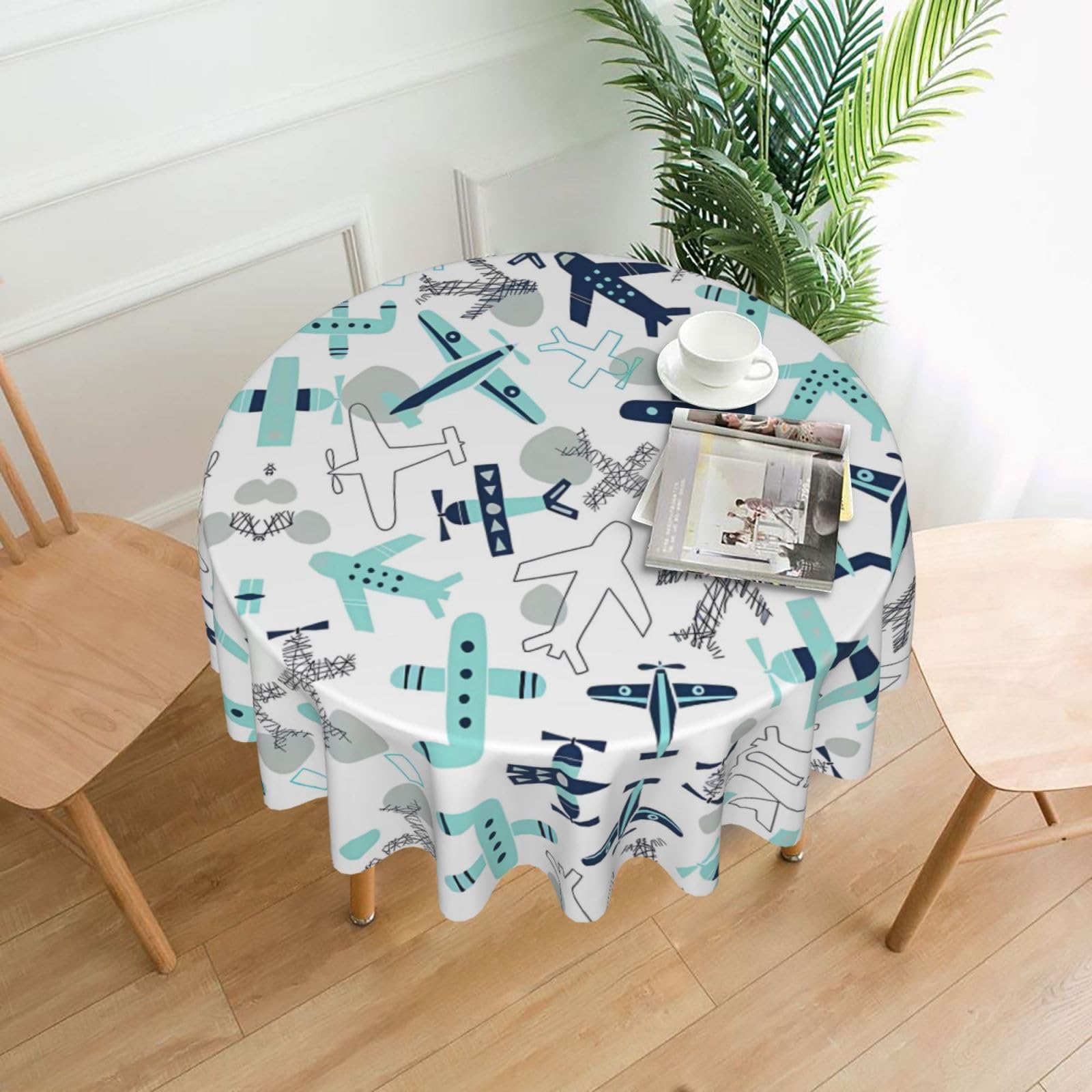 Hjfczh Black Airplane Prints Round Table Throw 60 Inch - Waterproof Table Cover - Soft & Wrinkle Resistant Decor Layer For Dinners, Parties & Everyday Use