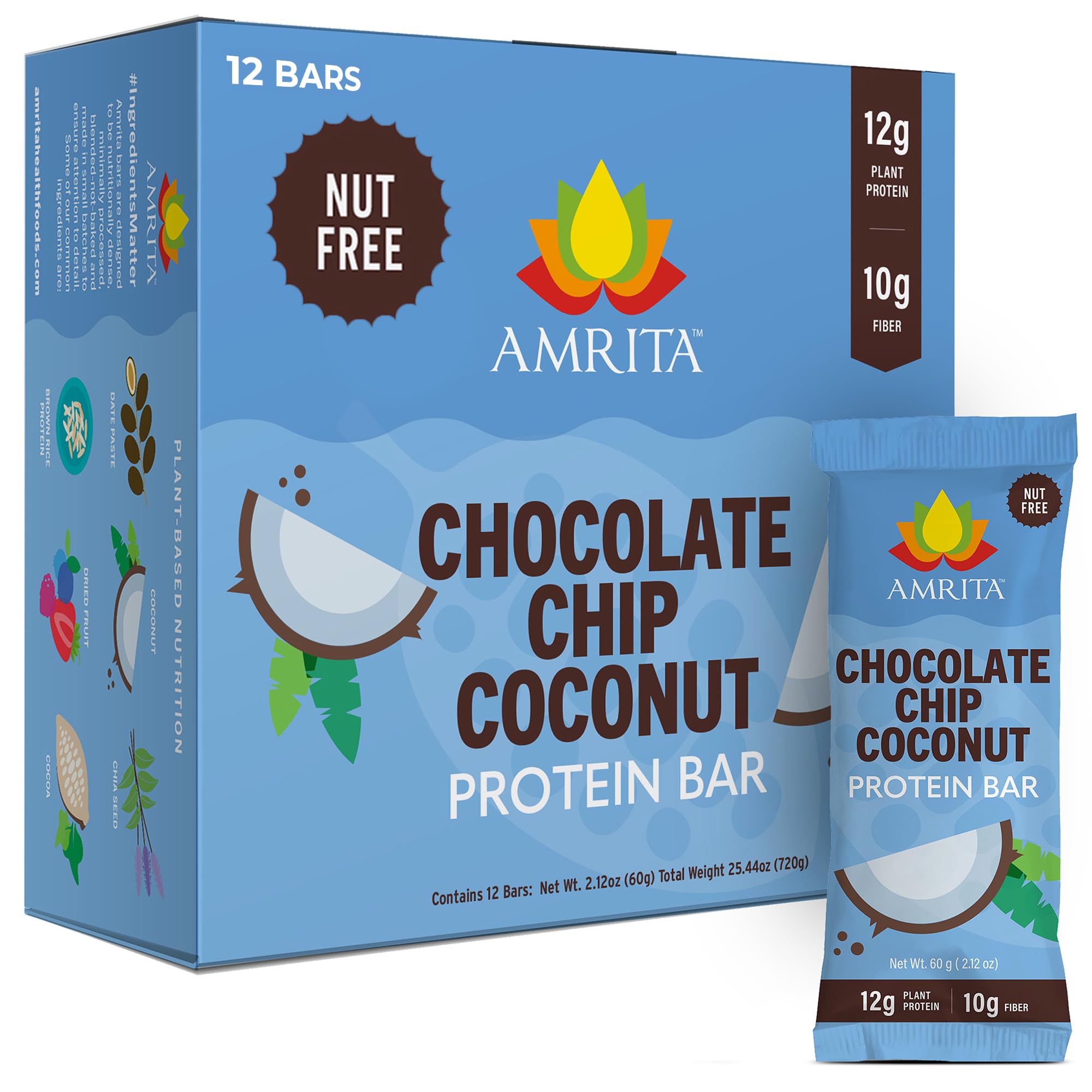 Amrita Health Foods Paleo-friendly Nutrition Bar, Protein Bar Alta Con 15G proteine, vegan Approvato, Senza glutine, Dairy-Free, soia libero, pacchetto gocce di cioccolato di noce di cocco