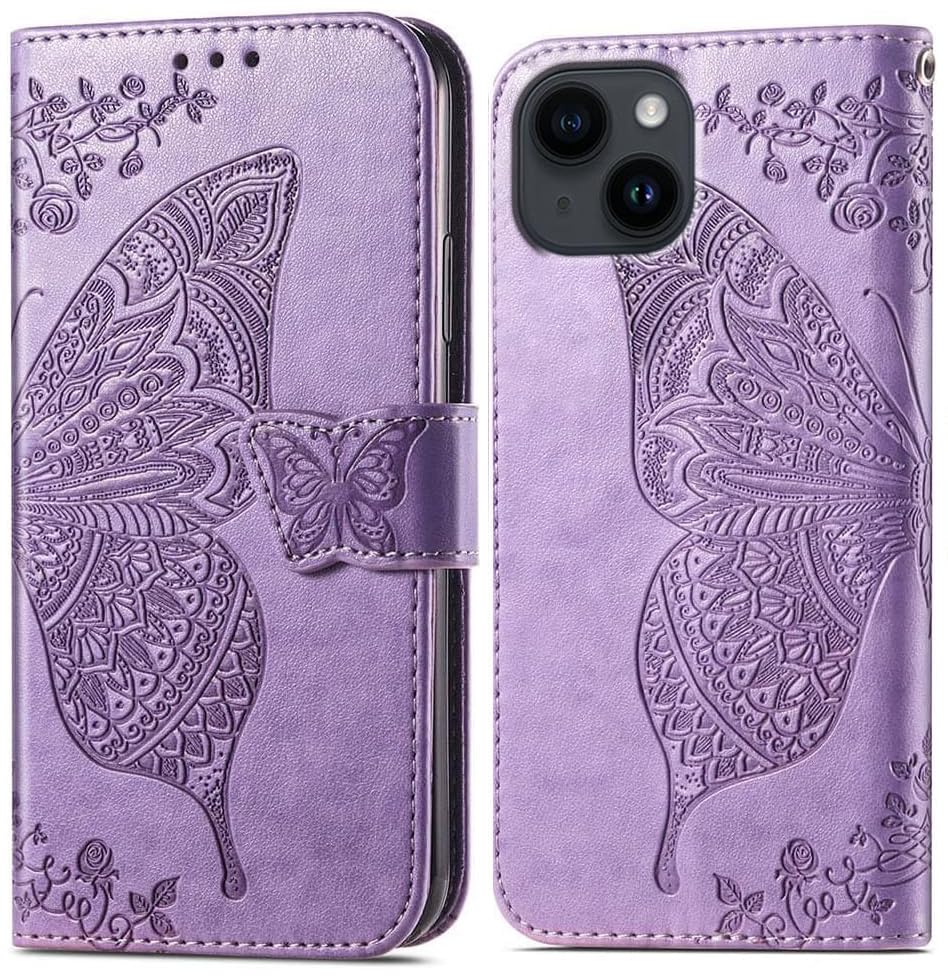 Image of ClickCase Butterfly Series for iPhone 15 Plus Leather Embossing Wallet Flip Case Kick Stand Magnetic Closure Flip Cover for iPhone 15 Plus (Purple)