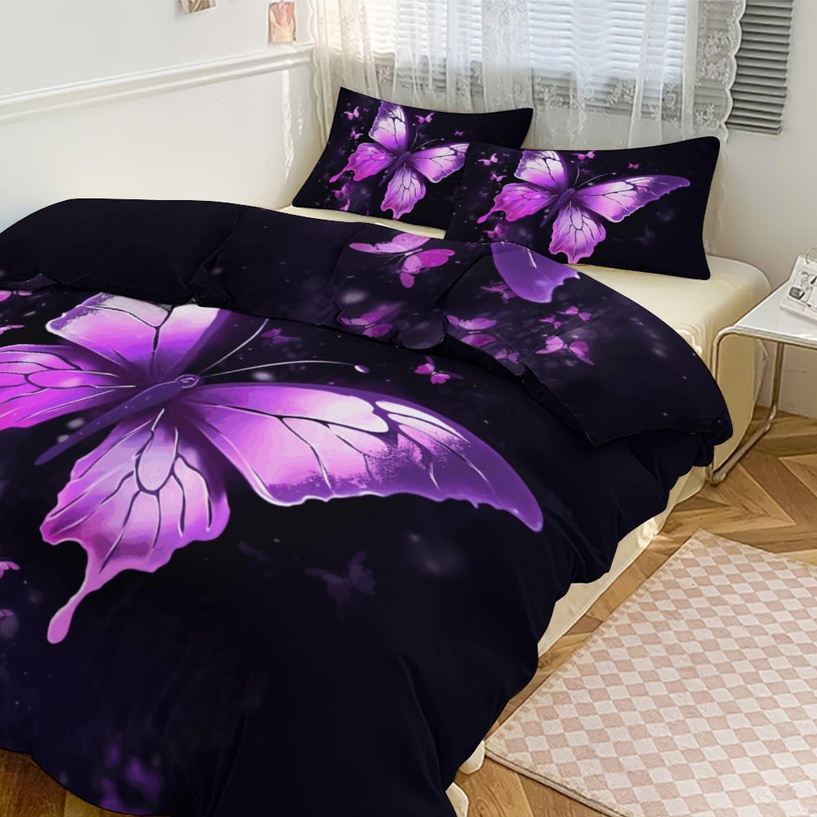 Parure de lit 3 pièces pour grand lit motif papillon violet contre le froid nocturne