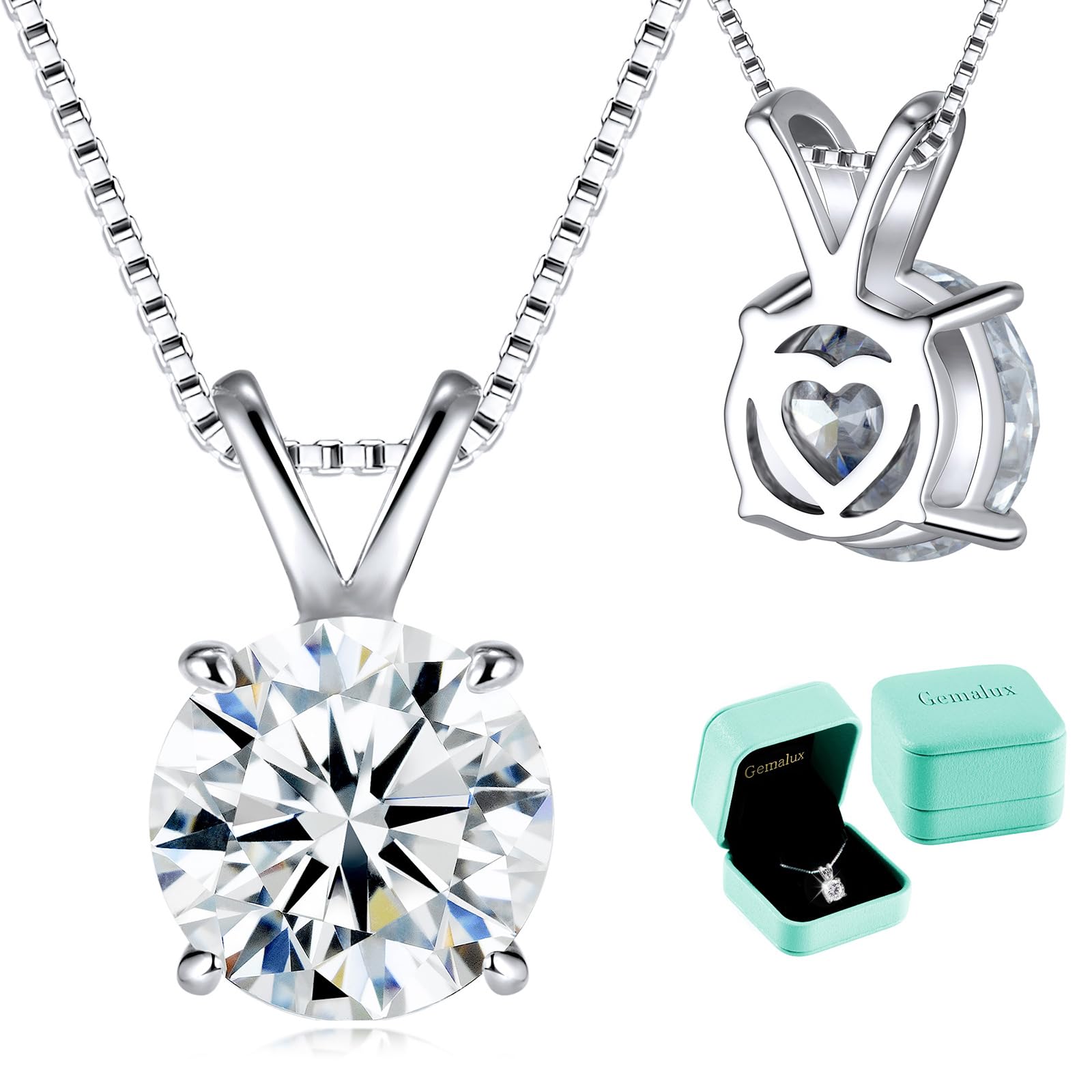 Moissanite Solitaire Necklace for Women, 1–3 Carat Lab Created Diamond Pendant, D Color VVS1,Heart Back, 18+2" Silver Chain, Gift for Wife, Girlfriend