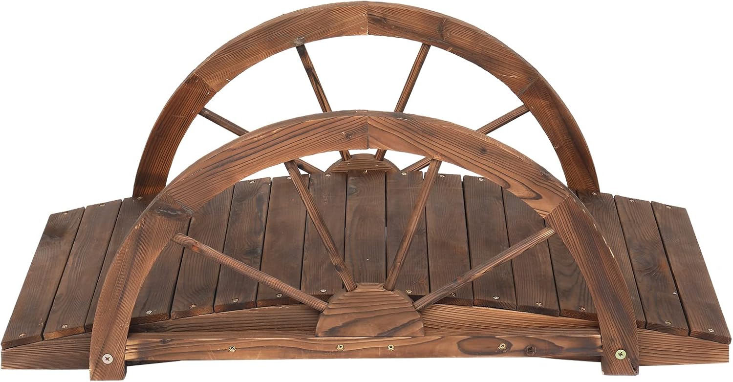 3.3FT Wooden Garden Bridge, Arc Footbridge Landscaping w/Double Handrails, Decorative Pond Bridge Walkway for Outdoors, Backyard, Stream, Creek (Brown)