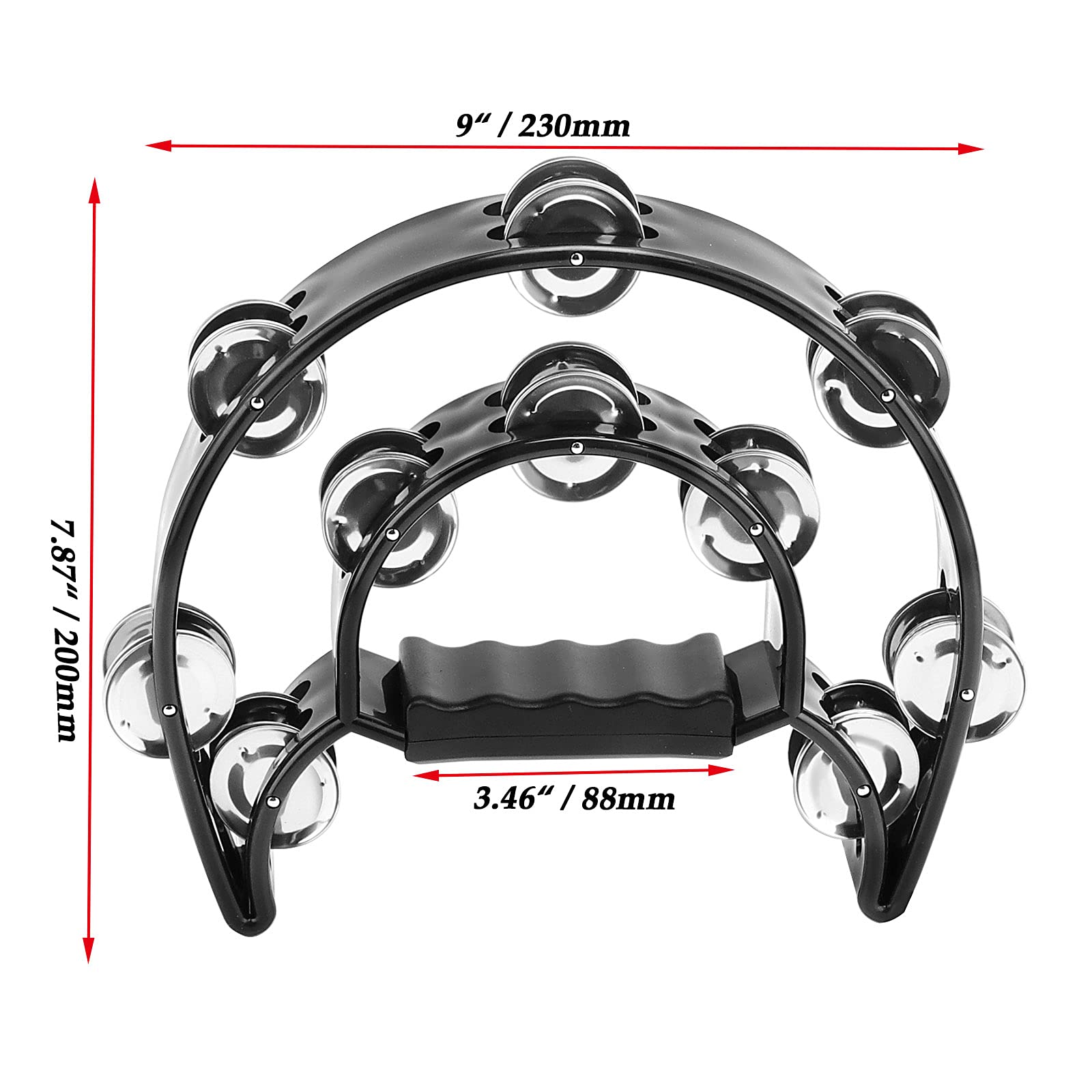 JOIKIT Lot de 4 tambourins musicaux à double rangée de 22,9 cm, demi-lune, jingles en métal pour adultes, église, fête, karaoké, bar, cadeau, noir