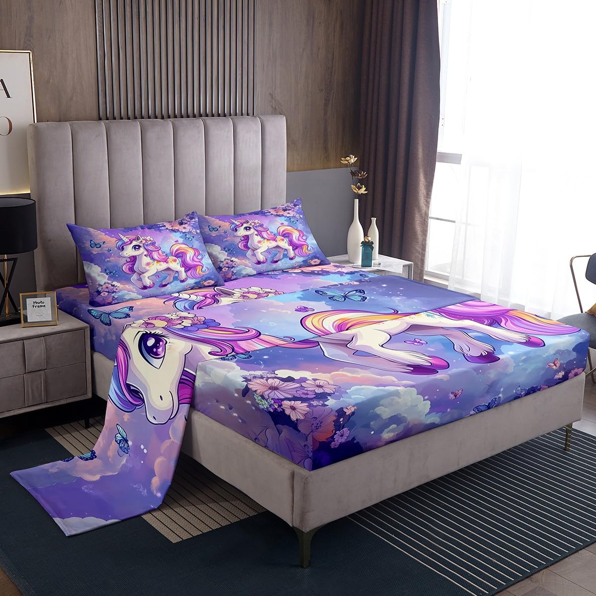jejeloiu Night Purple Bed Sheets Set,Queen Size,Unicorn Flying Flower Clouds Printed Sheet with 16 Inch Deep Pockets,Girls Cute Unicorn Bedding,Dreamy Horse Printed Bedding Collection,All Seasons