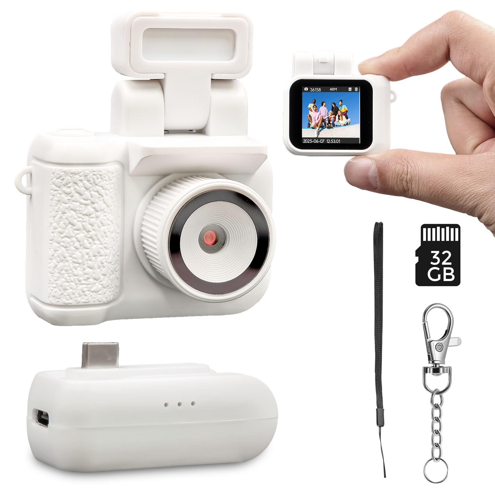 ミニデジタルカメラ 1080P/1.44インチ画面 (32GB+充電ベース付き) 軽量27g・キーホルダーセット 6種フィルター搭載 コンデジ (ホワイト)