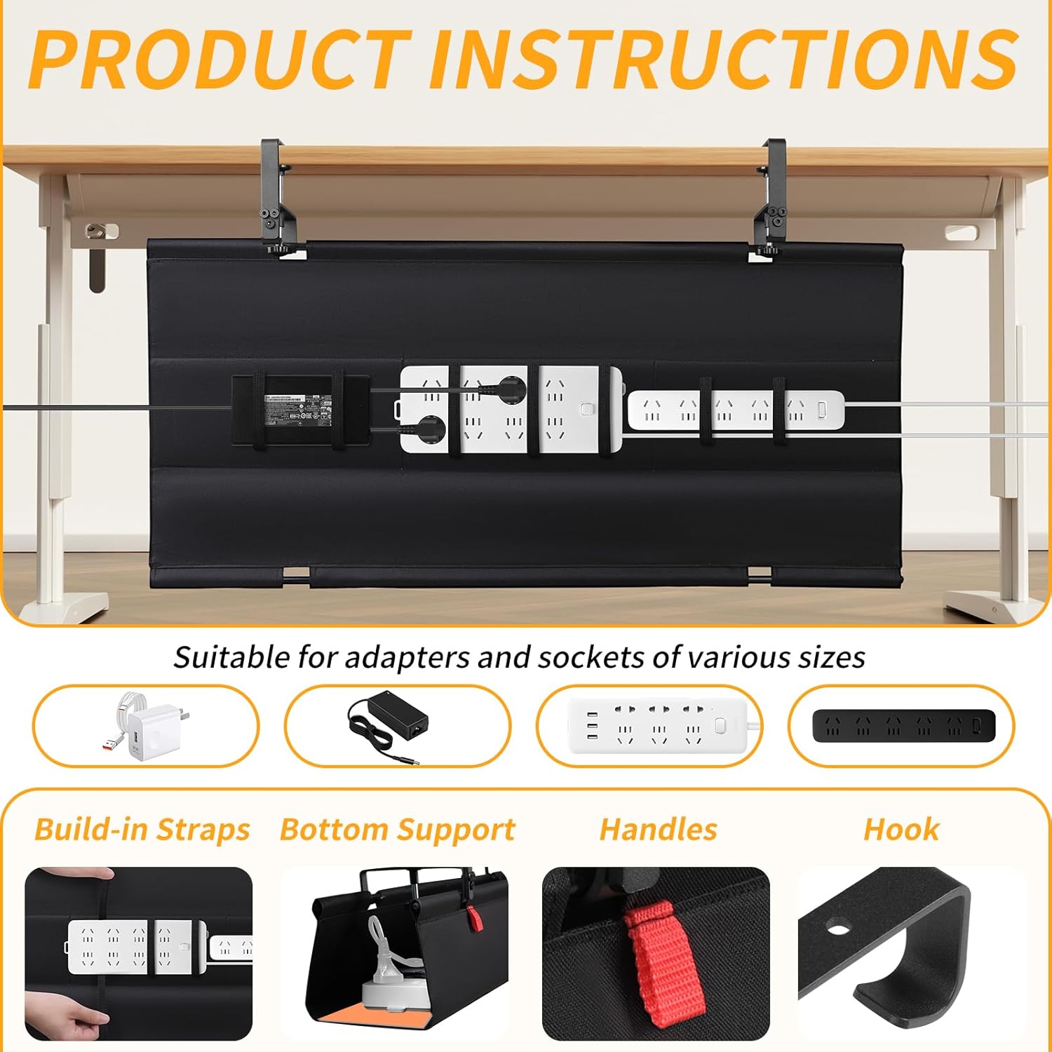 Under Desk Cable Management Tray with Clamp, No Drill 36" Cord Organizer for Desk, Desk Cable Management Fabric Tray for Standing Desks, Ideal for Home & Office - Black