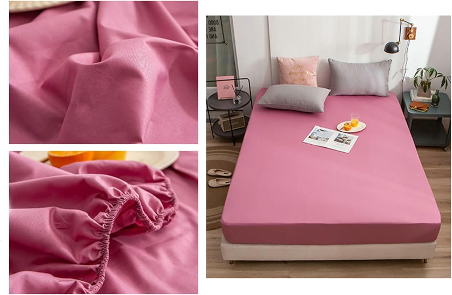 Queen Fitted Sheet with Corner Straps,(59 x 78 x 9 in),Twin Mattress Fitted Sheet Muslin Solid Color Twin Bed Fitted Sheets Rose Red