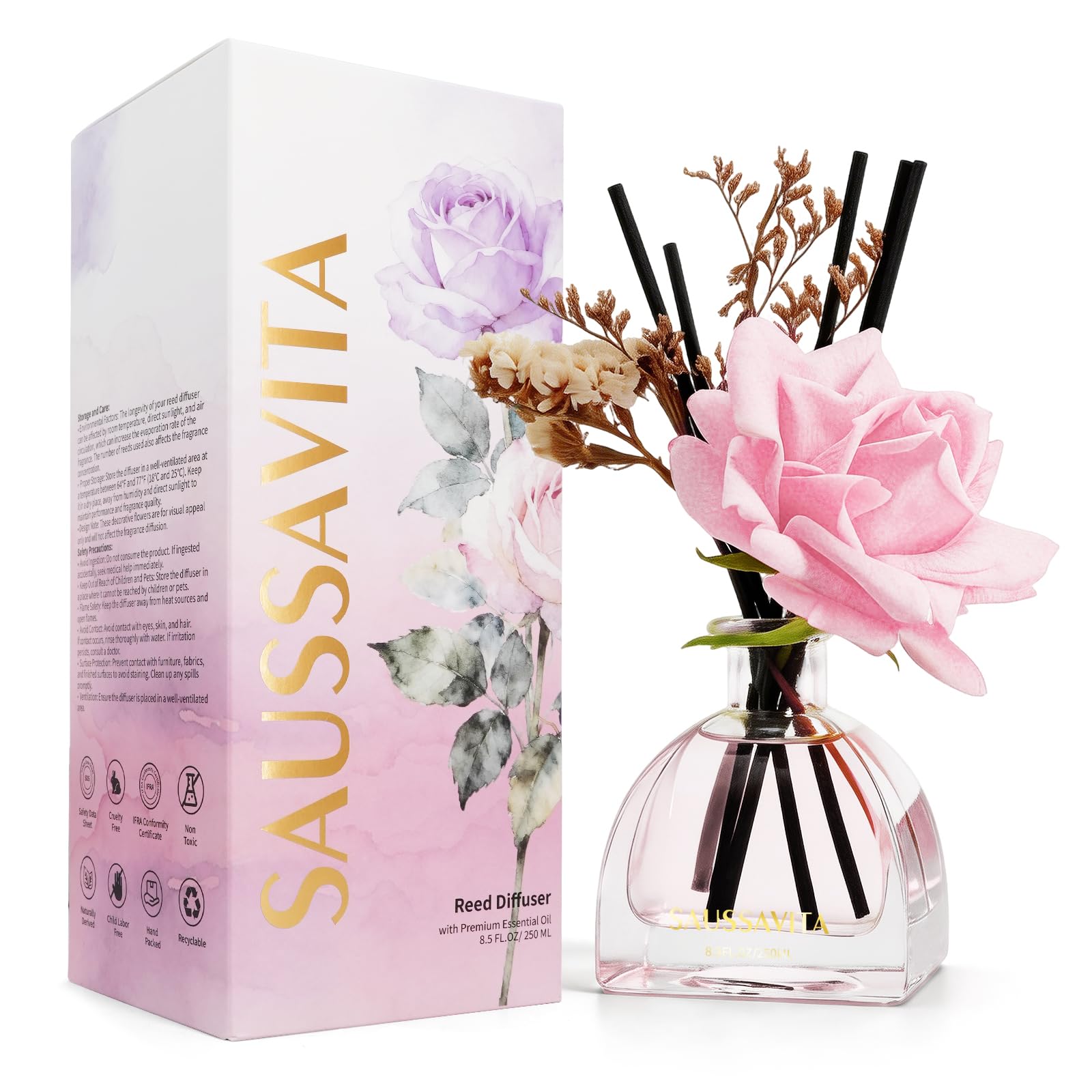 Reed Diffuser Set Rose Scent with 10 Sticks & Rose Flowers Decor, 250ml Flower Diffusers for 140 Days, Home Fragrance Air Freshener Long Lasting for Bedroom Bathroom, Living Room Office