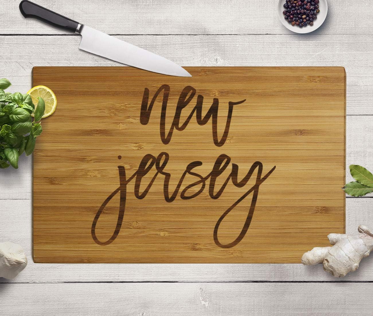 Andaz Press New Jersey State Bamboo Wood Cutting Board, 17.75 x 11-inch, Calligraphy, 1-Pack, Large Engraved Serving Chopping Board Christmas Birthday Moving Away College Graduation Chef Kitchen Ideas
