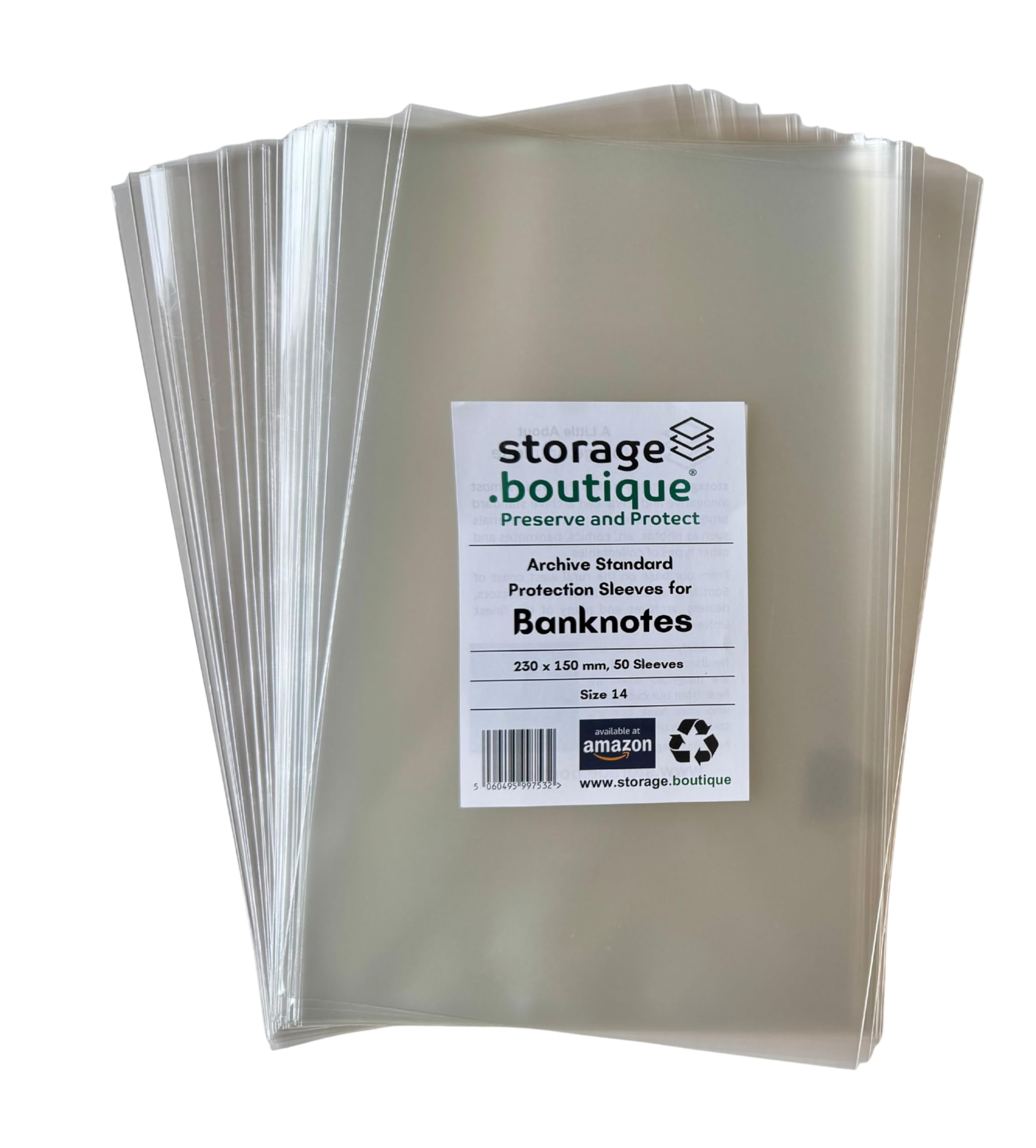 storage.boutique BANKNOTE Protection Sleeves, Archive Standard, Acid Free, Size 14, 230 x 150 mm, 50