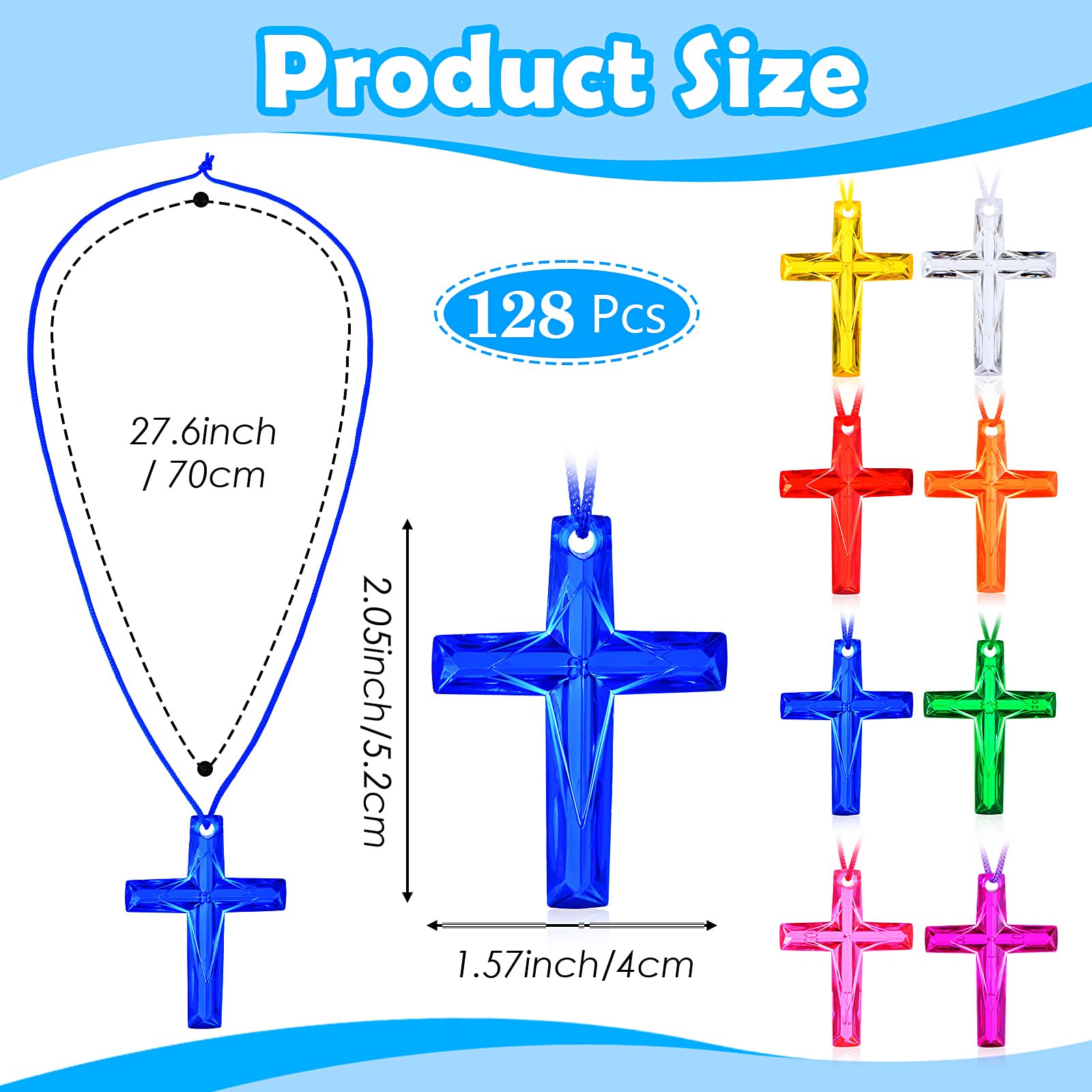 NCPLYGOU 128Pcs Plastic Cross Necklace, 8 Colors Crystal Cross Necklace, Bulk Christian Religious Party Favors,Birthday Gifts for Easter Vacation Sunday School Church(Macaron Color)