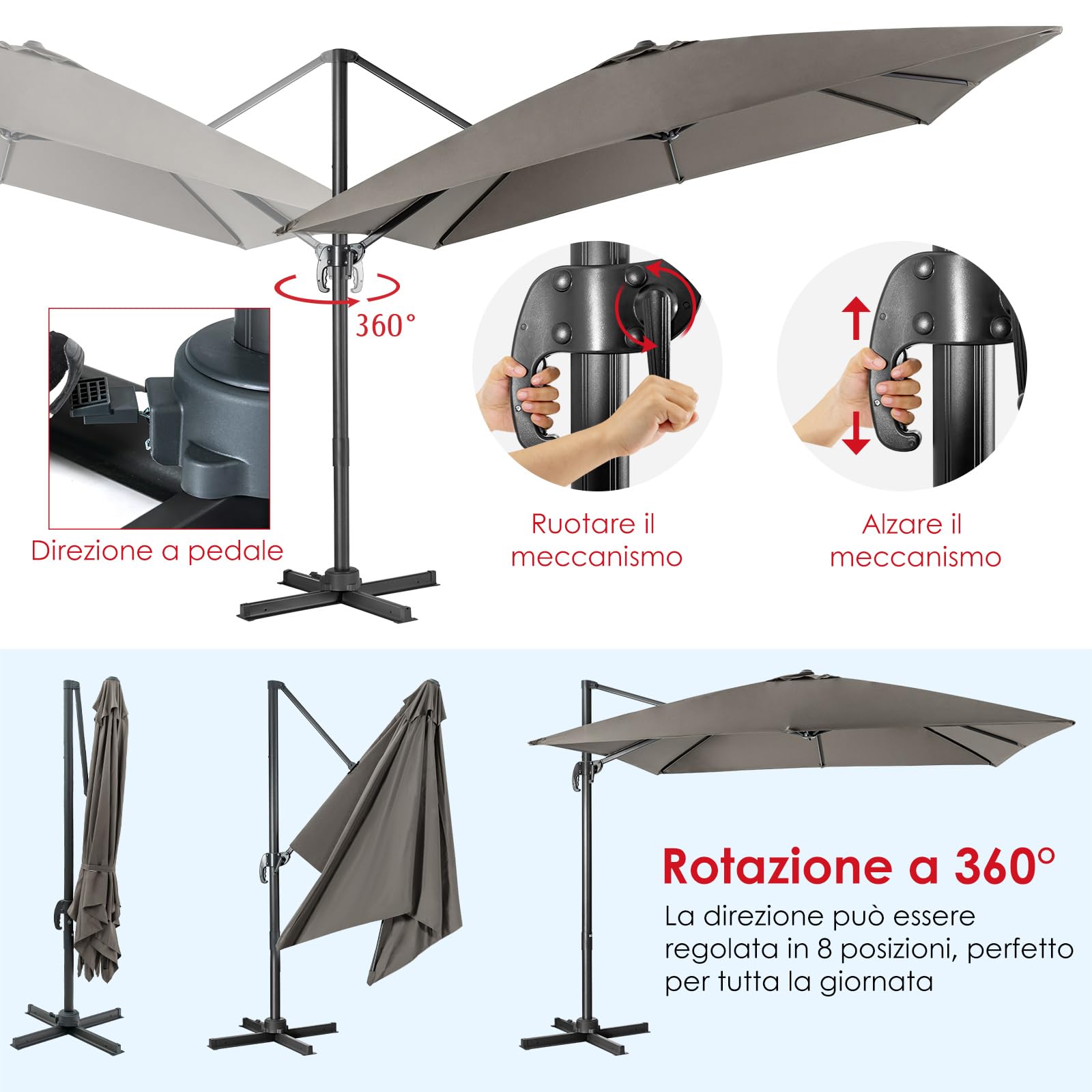 COSTWAY Ombrellone da Giardino 300x300cm 3 Inclinazioni Rotazione 360° Manovella 8 Stecche Base Incrociata Grigio