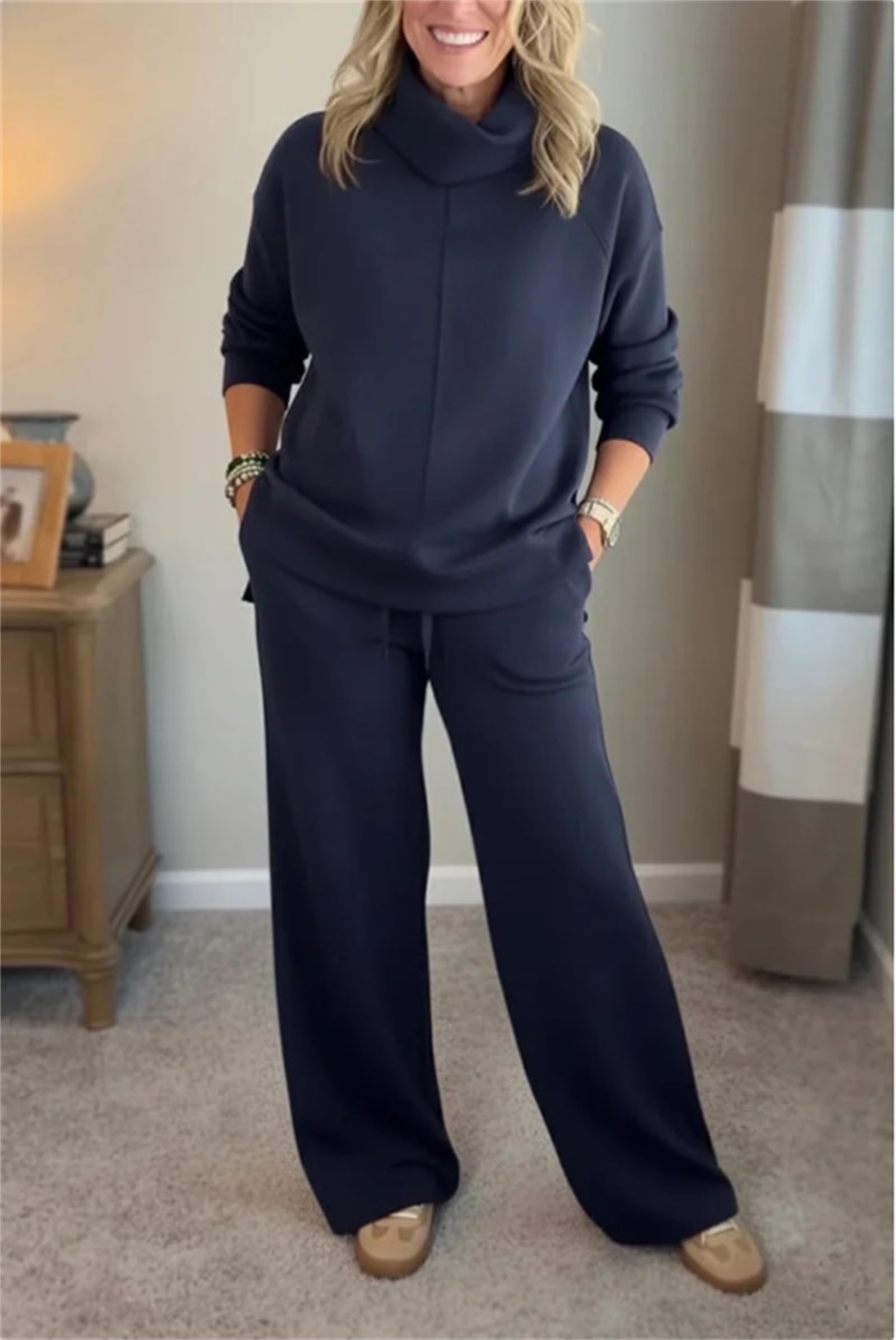 Conjunto deportivo de 2 piezas para mujer, conjunto de sudadera de cuello alto de gran tamaño, conjunto de pantalones de pierna ancha, ropa de descanso, viajes, ropa de descanso