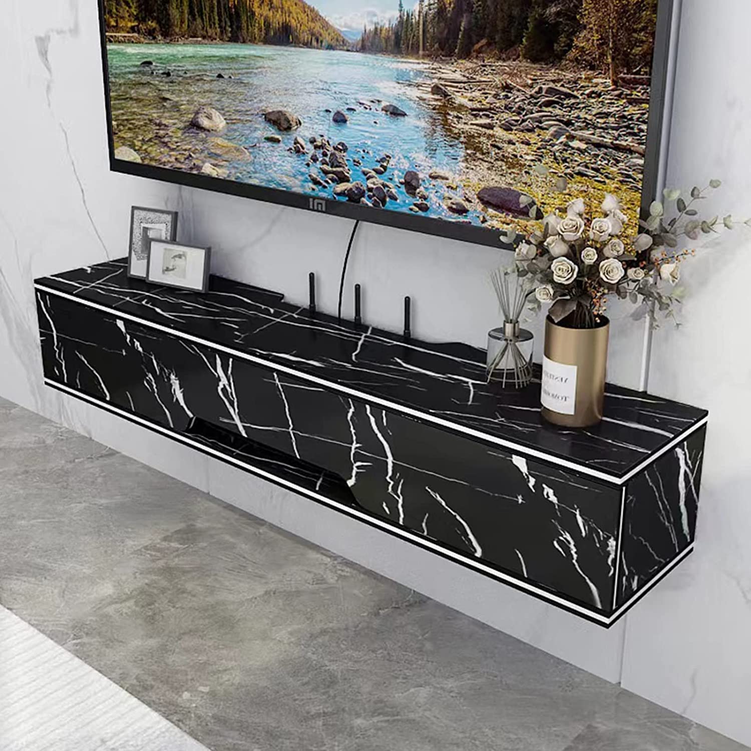 Floating Wall Mounted TV Stand Shelf with Hidden Cable Management Hole Small Media Console for Bedroom 70cm TV Unit Set Top Box Storage Shelves.