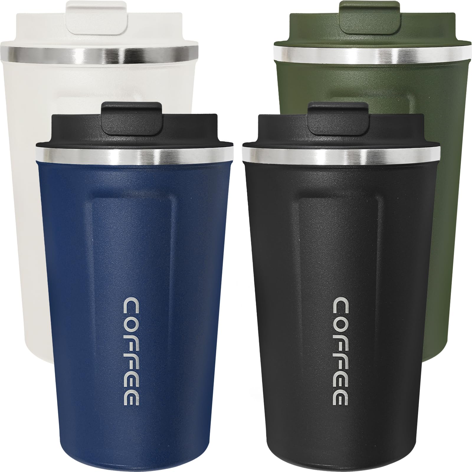 Paquete de 4 vasos de café aislados con tapa, taza de café de viaje de acero inoxidable de 17 onzas, taza de café reutilizable para mantener bebidas frías y calientes para coche, diario