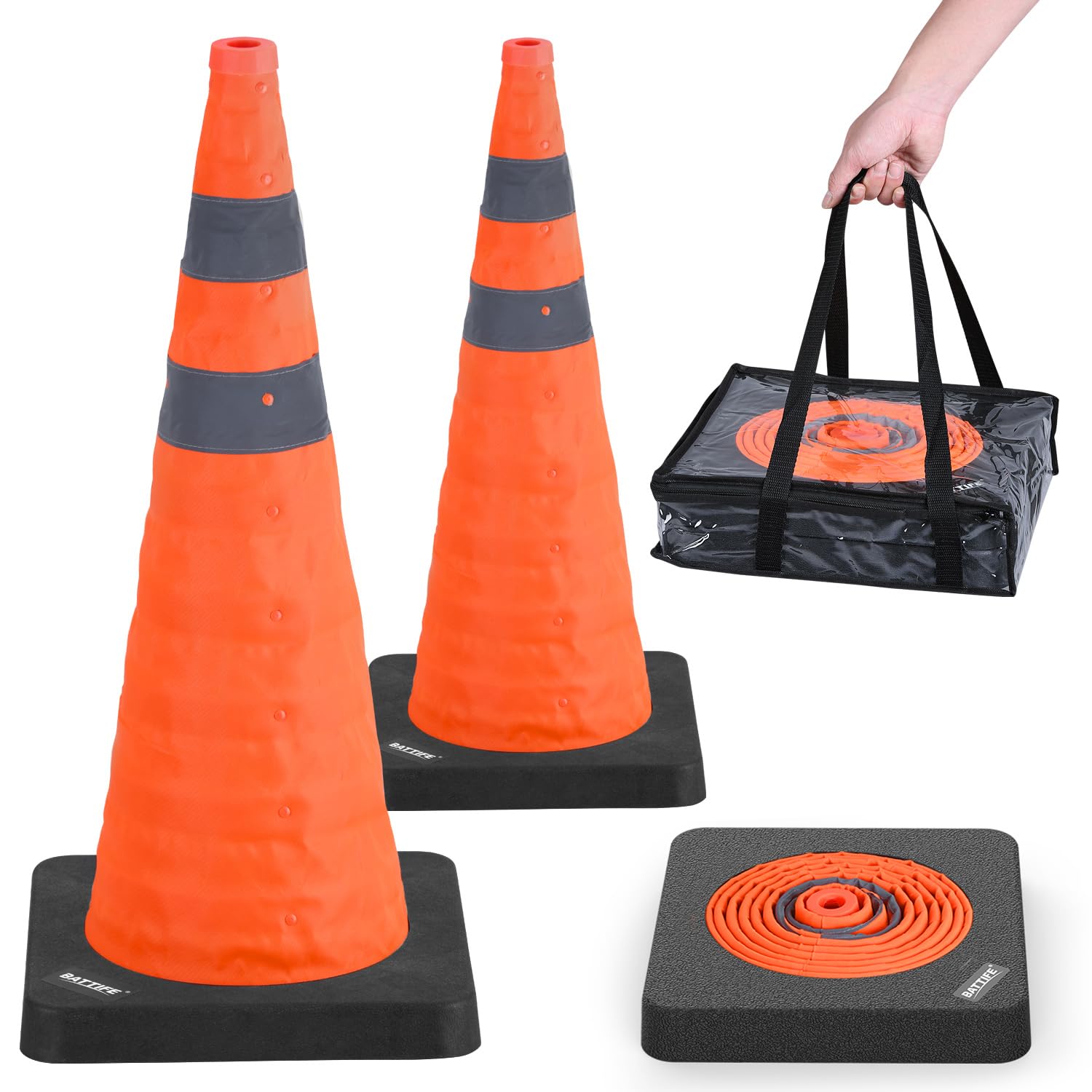 BATTIFE [2 Pack] 28 Inch Collapsible Site visitors Security Orange Cones with Black Weighted Base, Multi Function Pop-up Cones and Reflective Collar, for Street Parking, Driving Follow.