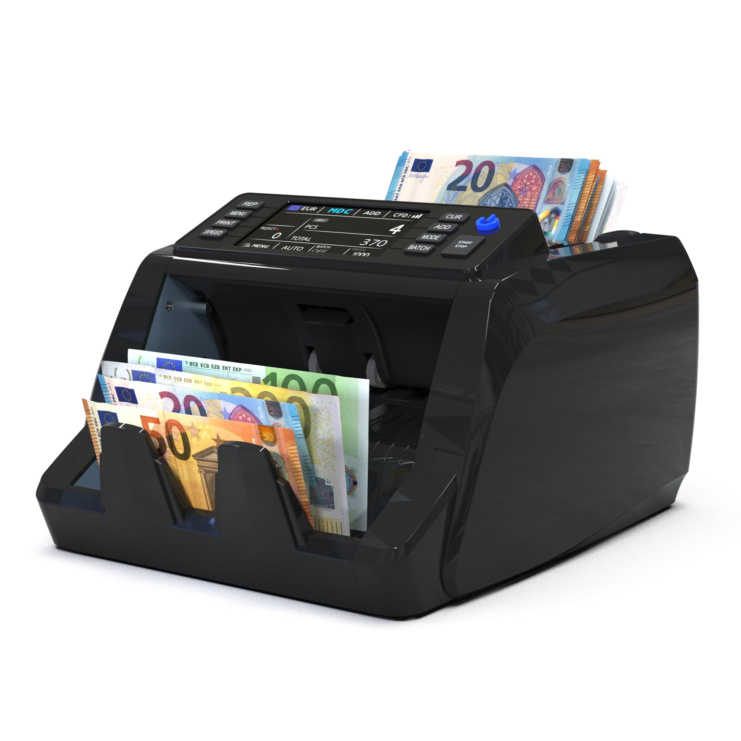 Detectalia V20 Banknotenzähler mit UV/MG/IR/MT/CIS Erkennung, 4,5” Touchscreen + Externes Display, Seriennummern-Lesung, Multiwährungs-Mischzählung (EUR/GBP/CHF/USD/SEK/PLN/TRY/DKK), 1200 Scheine/Min