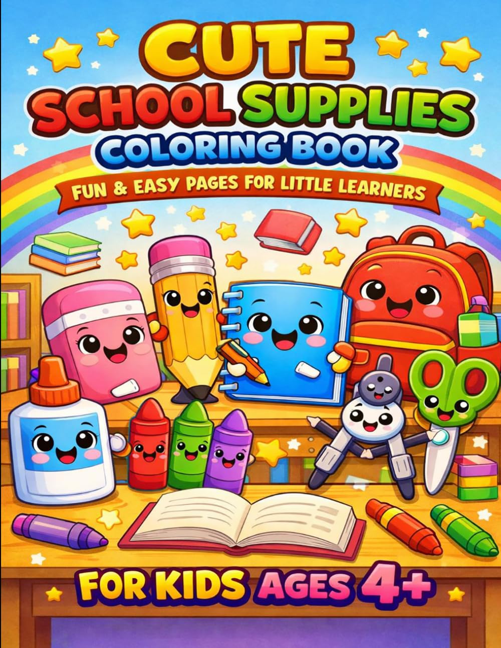 Cute School Supplies Coloring Book: Fun & Easy Pages for Little Learners • For Kids Ages 4+