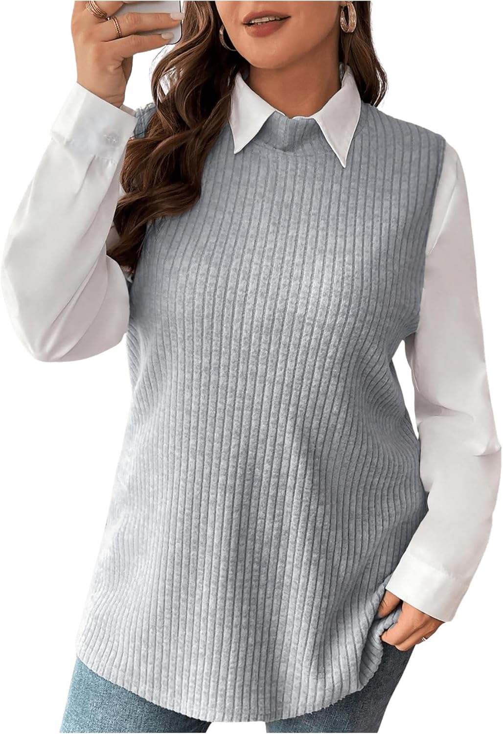 SHENHE Women's Plus Size Ribbed Knit Tank Top Mock Neck Sleeveless Split Hem Tunic Sweater Tank XX-Large Plus Light Grey