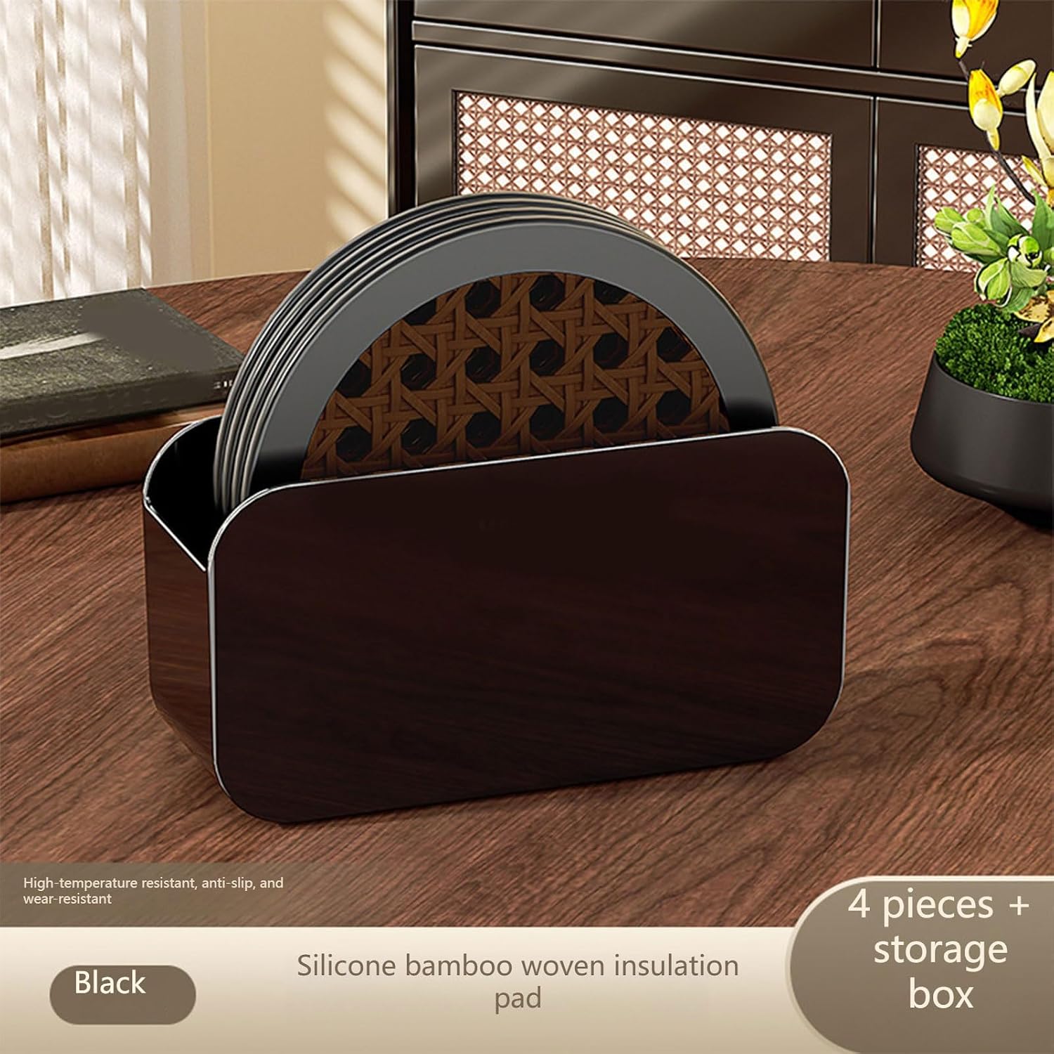 Contemporary Woven Silicone Mat Collection 4 Pcs Thermal Face for Counter and Offices Space Saving Holder Set
