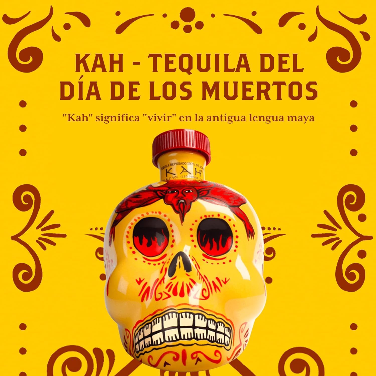 KAH Tequila Reposado - Botella Decorada Día de los Muertos - 100% Agave Azul - Doble Destilación y Envejecimiento en Barrica de Roble - 40% vol 70 cl (700ml / 0.7 Litre)