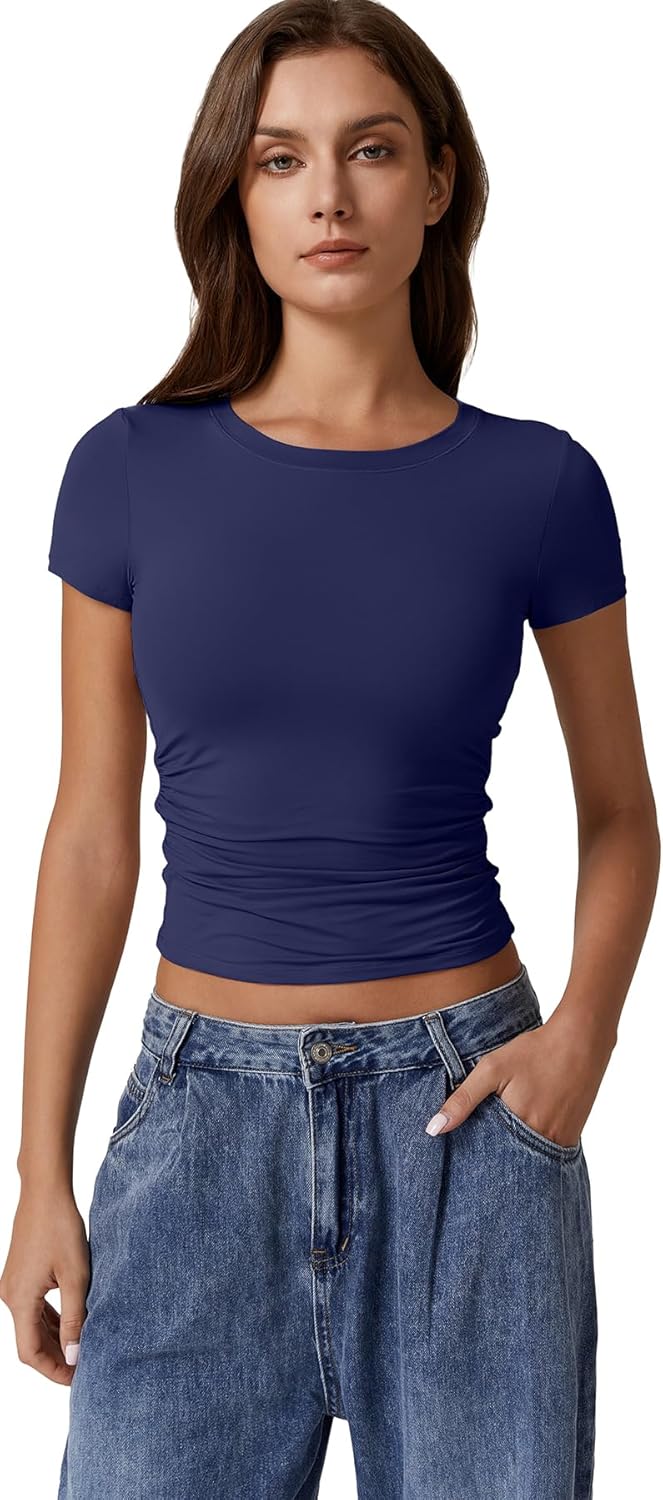 QINSEN Short Sleeve Shirts for Women Round Neck Basic Double Lined Tees Fitted Y2k Crop Tops - Image 4