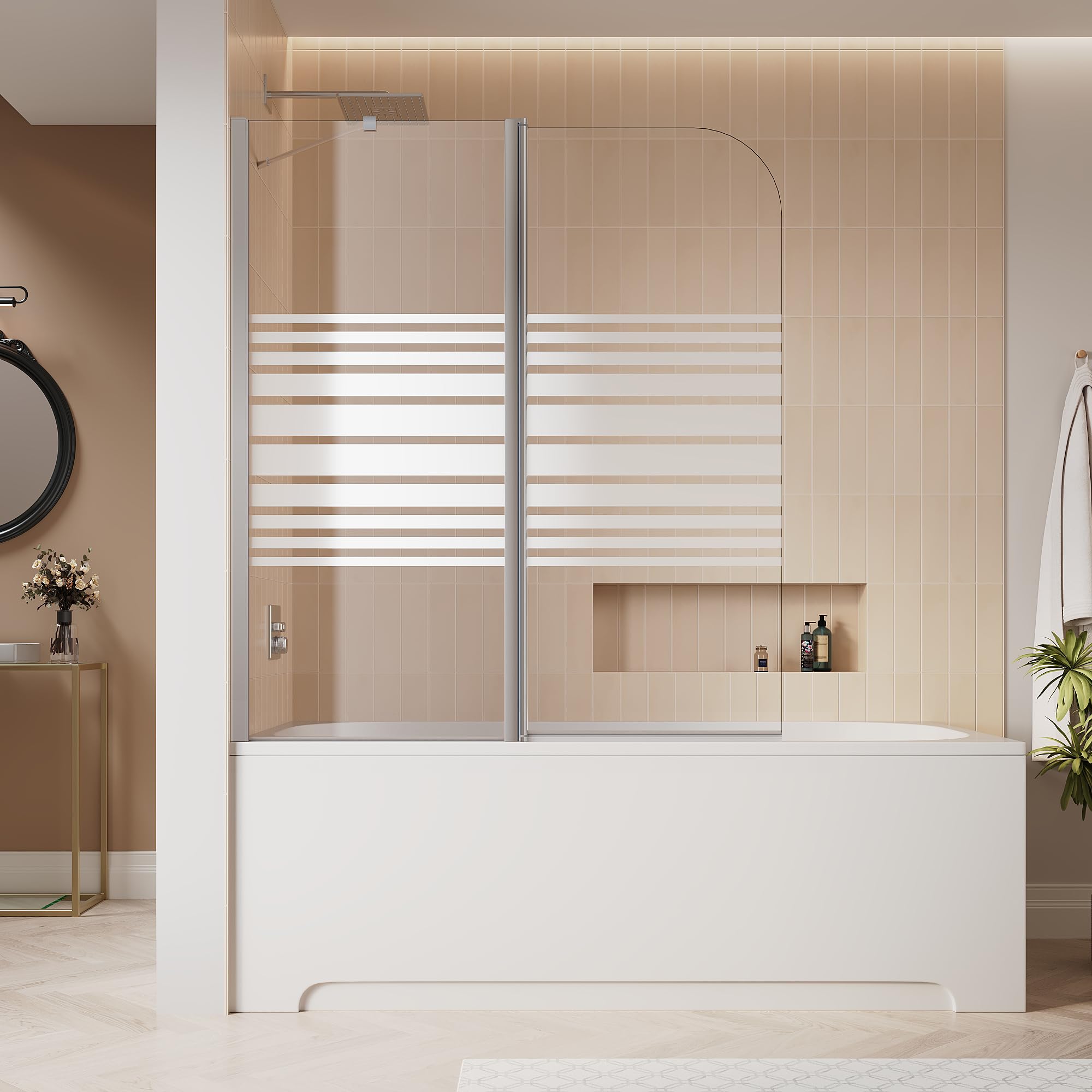 SIRHONA Paroi de baignoire 120x140cm, aluminium argenté brillant, motif rayé givré, paroi de douche rabattable et pivotante à 180°, peut être installée à gauche ou à droite, verre trempé 6mm