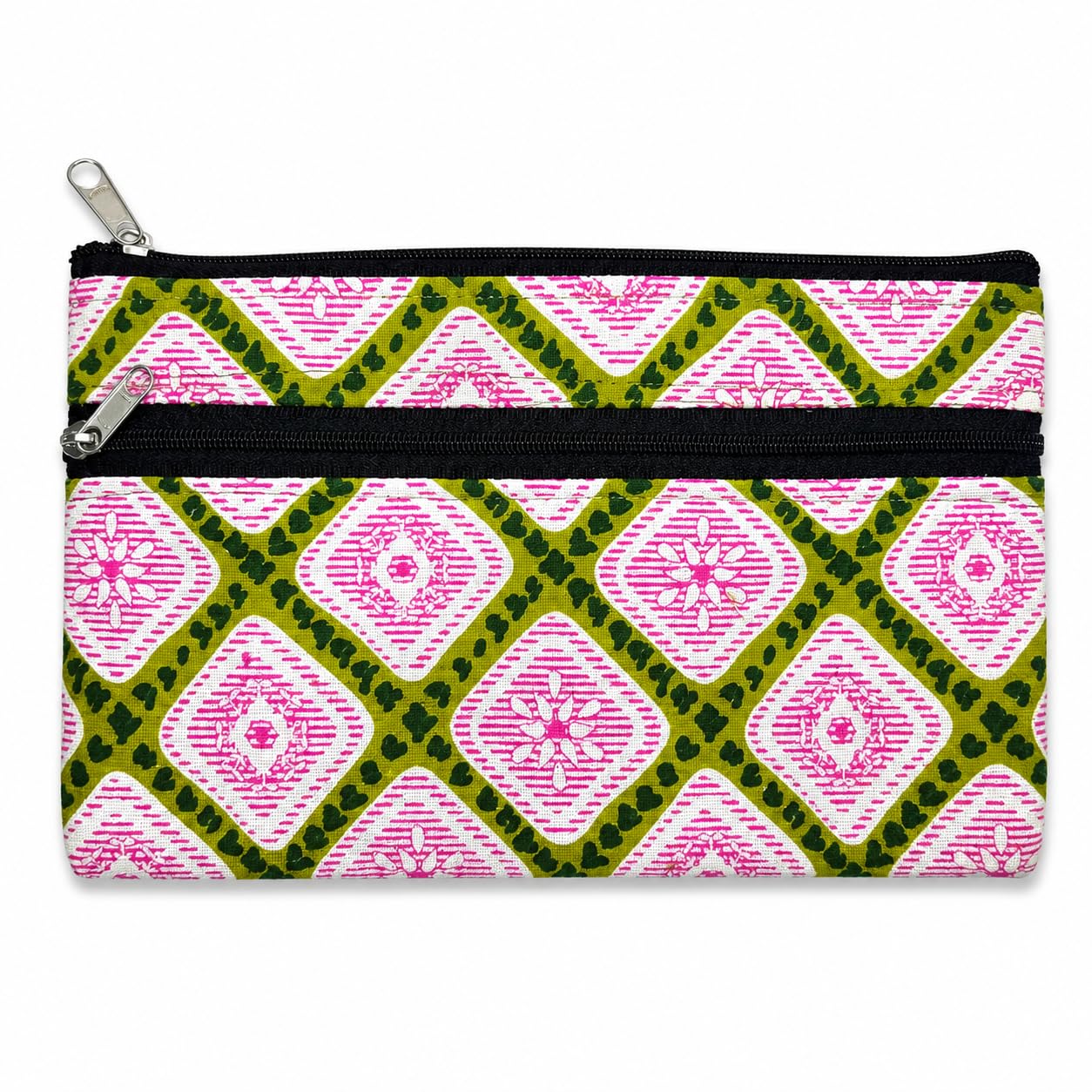 MKDP Store Wallet for Women | Stylish Cotton Purse for Women | Double Zip Wallet | Cash, Cards & Coins Holder | Lightweight Floral Wallet for Daily Use | Pink & Olive Green 22 x 12 cm-image-13