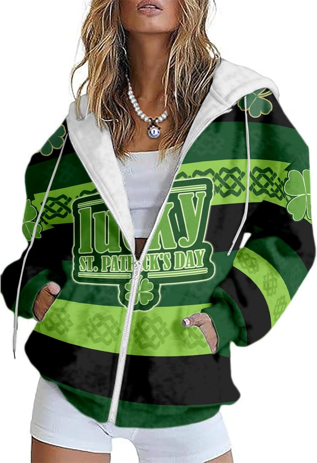 Green Hoodies For Women Shamrock Graphic Zip Up Long Sleeve Drawstring Hooded Sweat...