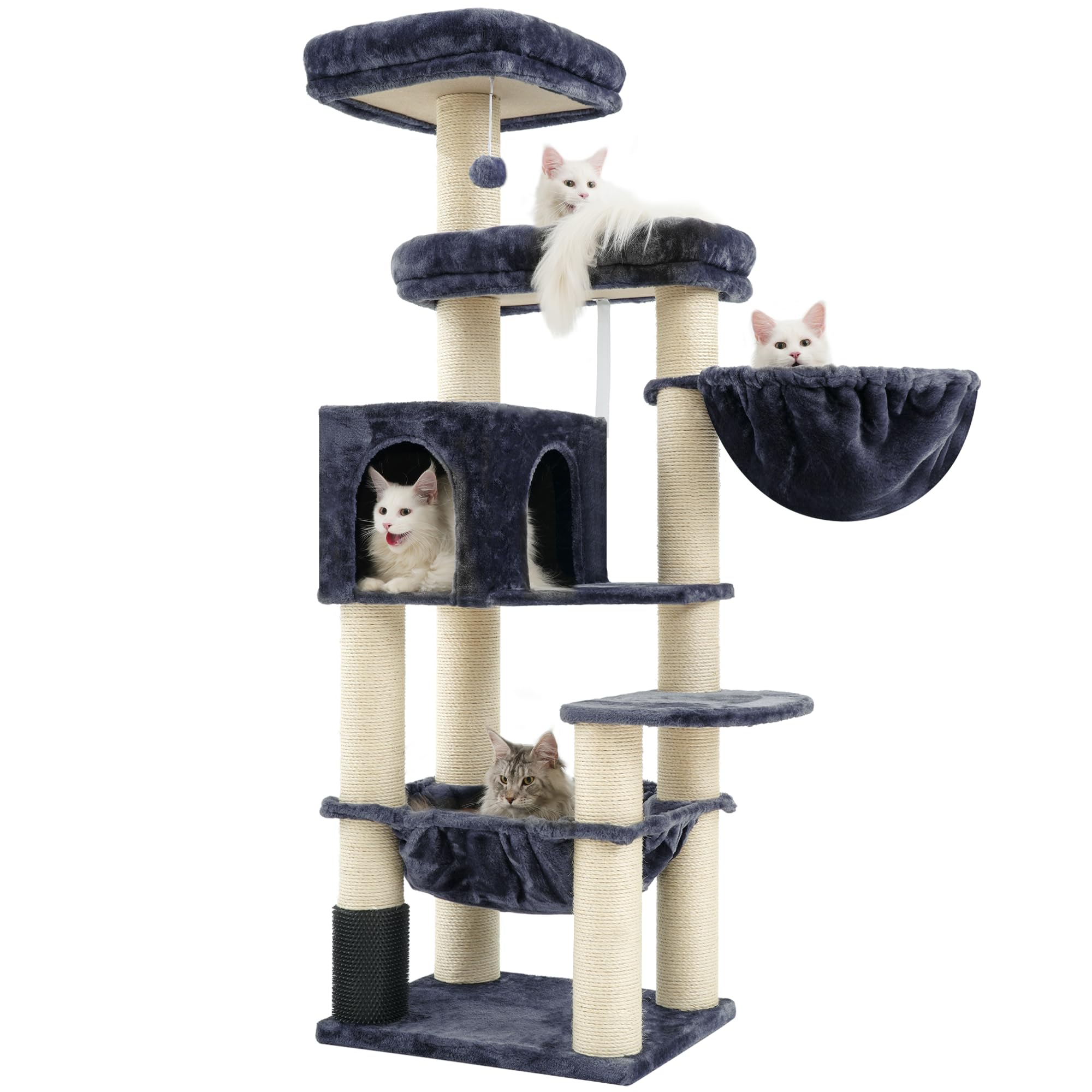 Hey-brother XXL Grosse Kratzbaum für Maine Katze, 168cm Katzenbaum für groß Katzen, mit übergroßer Hängematte, Sisalpfosten (φ11cm) und Kämmer, 2 Plattformen, Höhle, Korb, Rauchgrau EMPJ01G